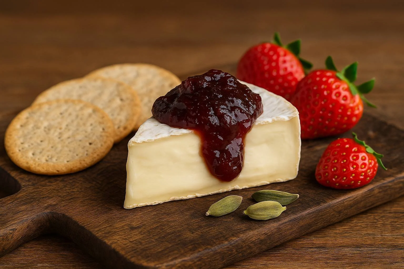 Brie cheese with strawberry jam, fresh strawberries, graham crackers, and cardamom pods on a wooden cutting board.