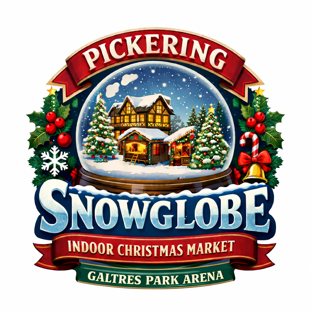 A festive logo for Pickering Snowglobe Indoor Christmas Market at Galtres Park Arena, featuring a winter scene inside a snow globe with decorated Christmas trees and a house, surrounded by holly, berries, a candy cane, a bell, and snowflakes.