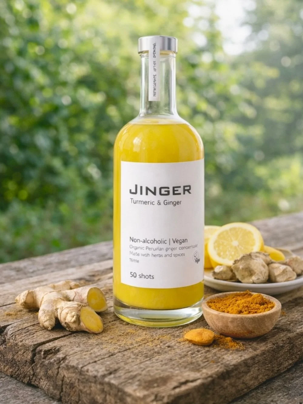 A bottle of Jinger turmeric and ginger herbal concentrate with a white label, surrounded by fresh ginger, lemon slices, turmeric powder, and ginger roots on a wooden surface outdoors with green foliage in the background.