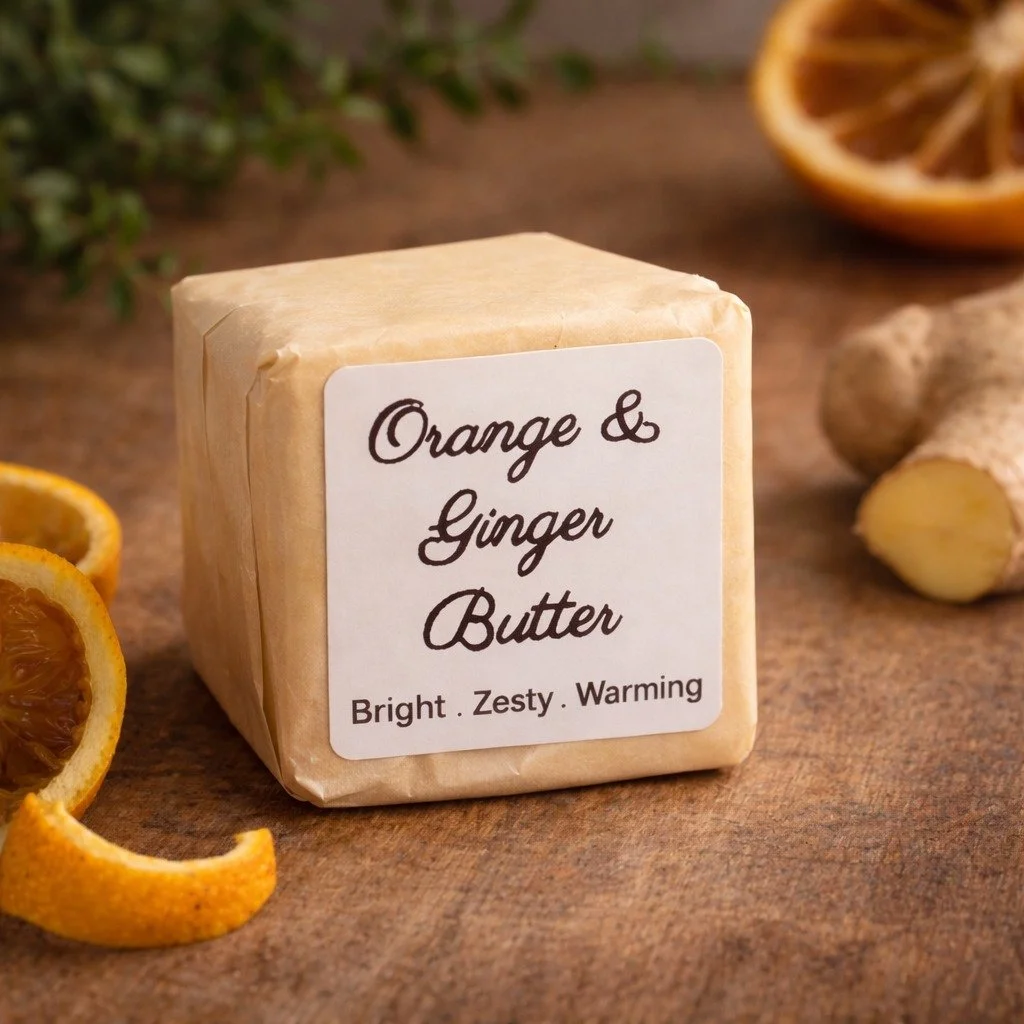 Wrapped bar of orange and ginger butter on a wooden surface, surrounded by sliced oranges, a piece of ginger, and a dried orange slice, with green foliage in the background.