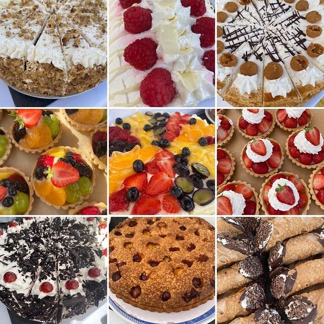 Collection of various desserts including a cake with white icing and nuts, a bowl of whipped cream with raspberries, a slice of cake with chocolate drizzle, fruit tarts, mini strawberry cheesecakes, a cake with black sprinkles, a chocolate chip cooki