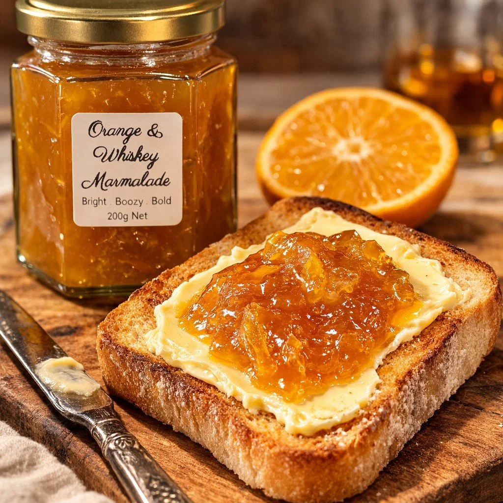 A jar of orange and whiskey marmalade with a label reading 'Bright, Boozy, Bold, 200g Net,' located behind a slice of toasted bread spread with butter and topped with marmalade. A halved orange and a butter knife with some marmalade on it are also on
