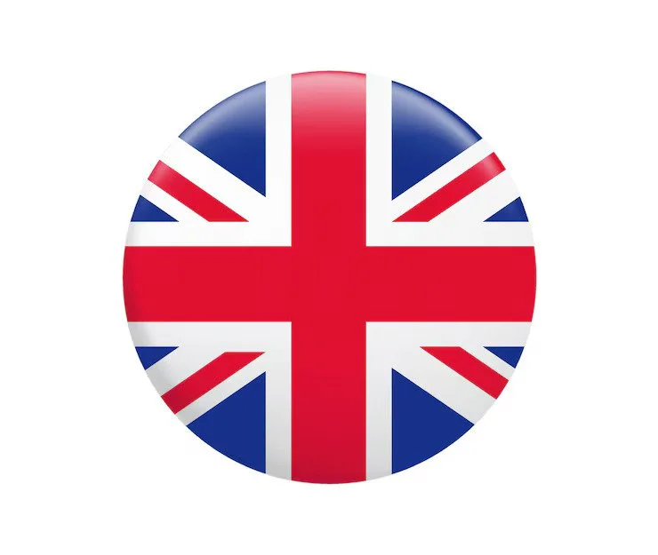 Logo circular con la bandera del Reino Unido, con la cruz roja en el centro y detalles en azul y blanco.