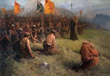 Kilted Warriors, perhaps of Clan MacDonald, at teh Battle of Bannockburn in 1314
