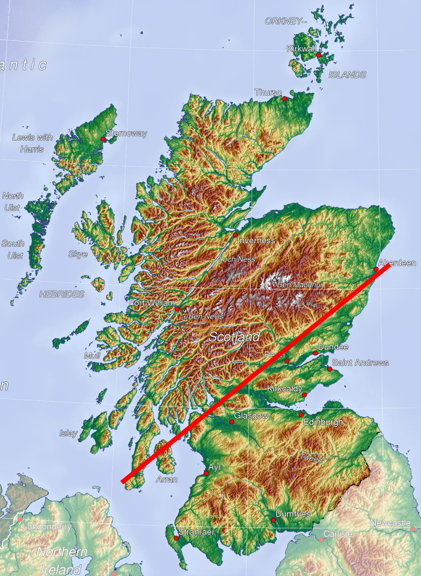 Relief map of Scotland showing the Highland Boundary Fault Line