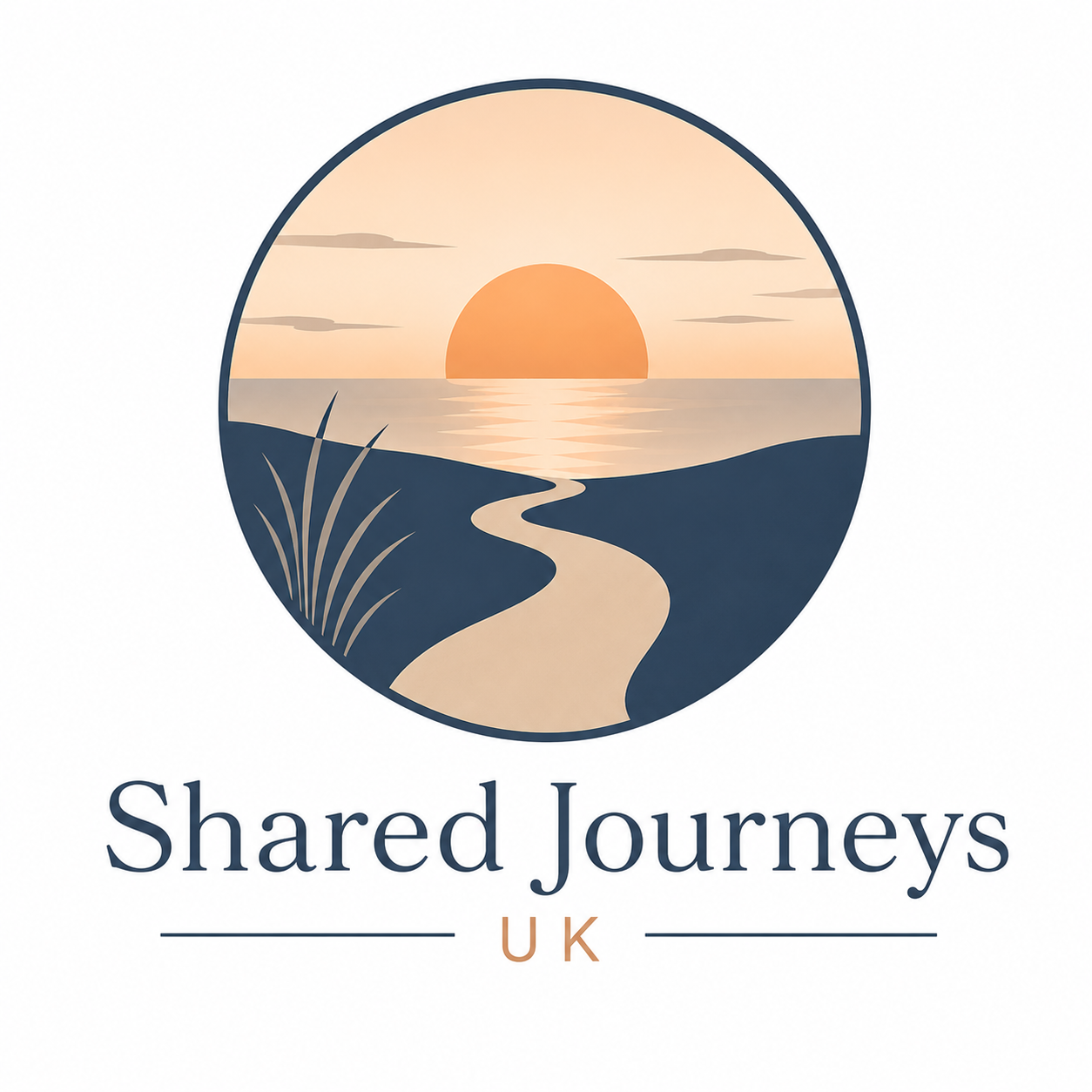 Logo of Shared Journeys UK featuring a sunset over water, with a winding path, grass, and clouds.