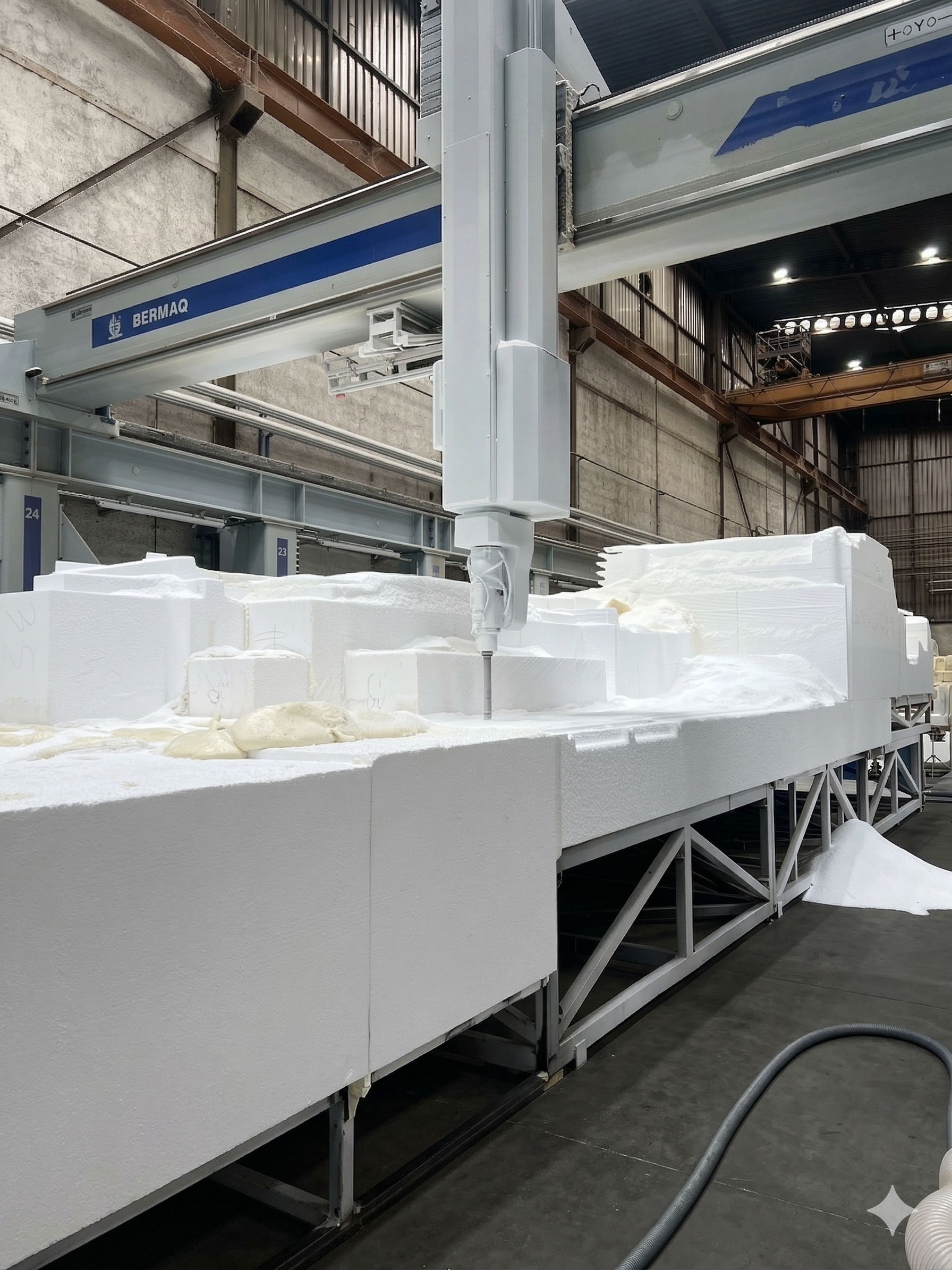 Industrial warehouse with large lifting machinery labeled BERMAQ, white insulation foam blocks on a metal platform, concrete walls, and industrial ceiling with metal beams and lighting.