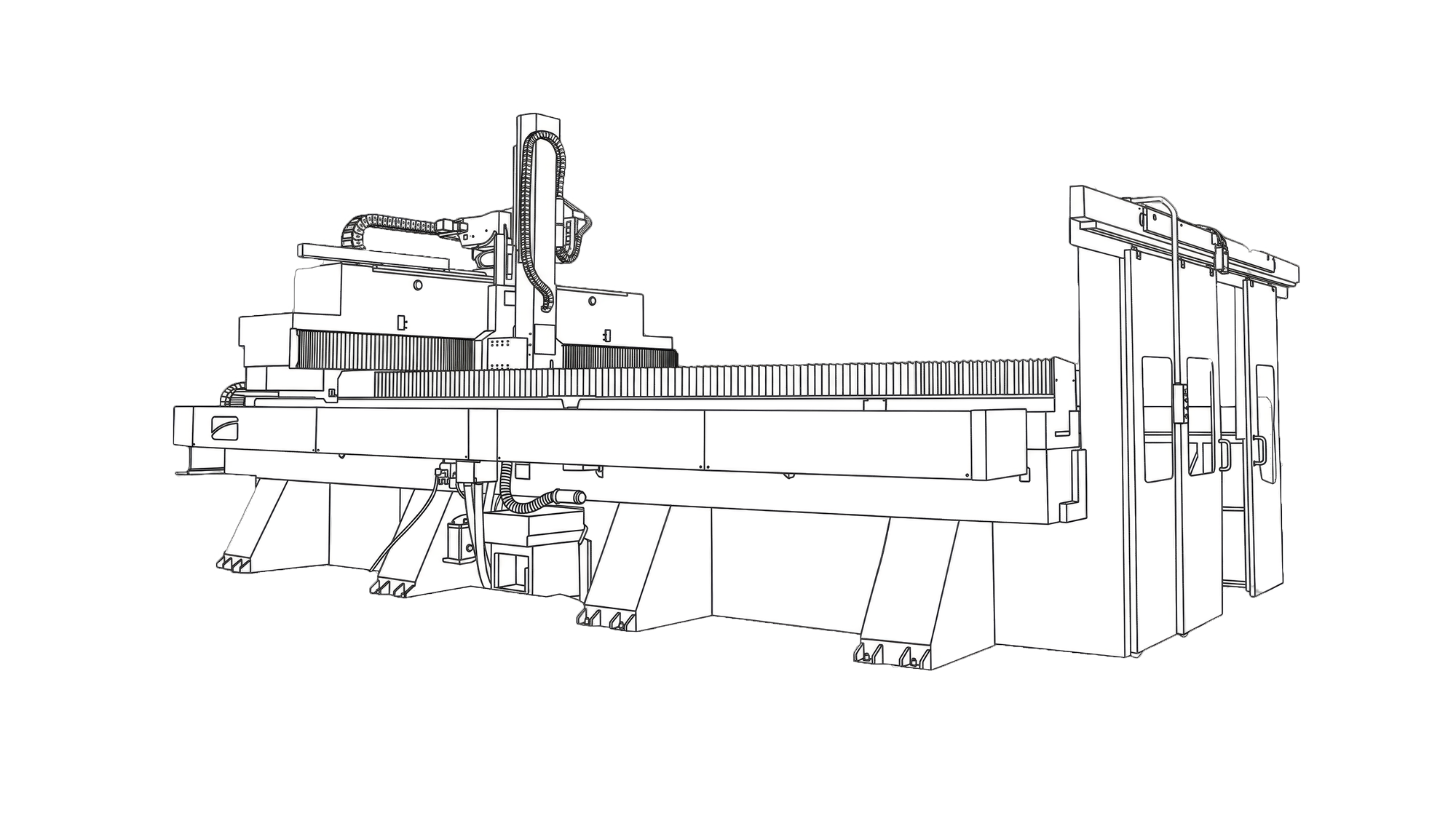 Line drawing of a large industrial machine with rails, machinery, and a sliding door at one end, on a black background.