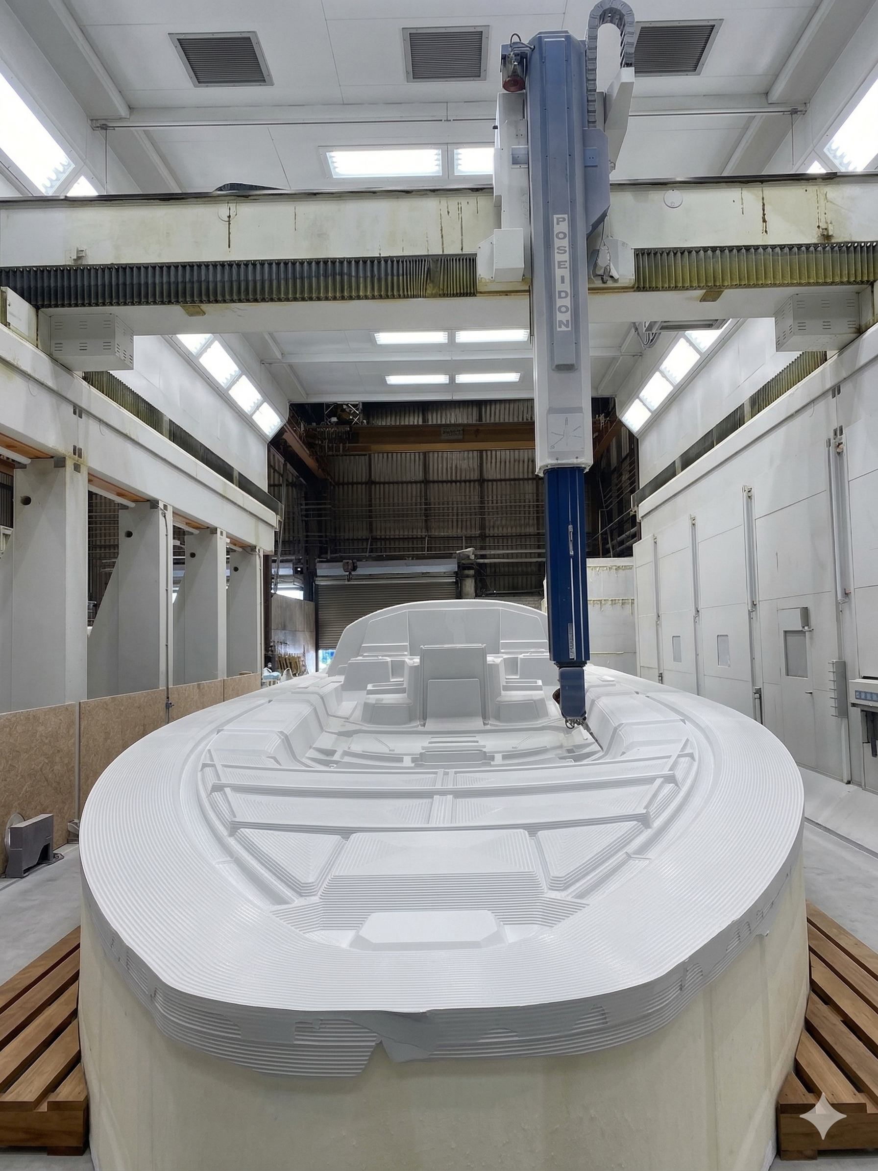 A large, white, aerodynamically designed boat hull in an indoor manufacturing facility with a robotic arm above it labeled 'Poseidon'. The hull has intricate details and is placed on a wooden pallet.