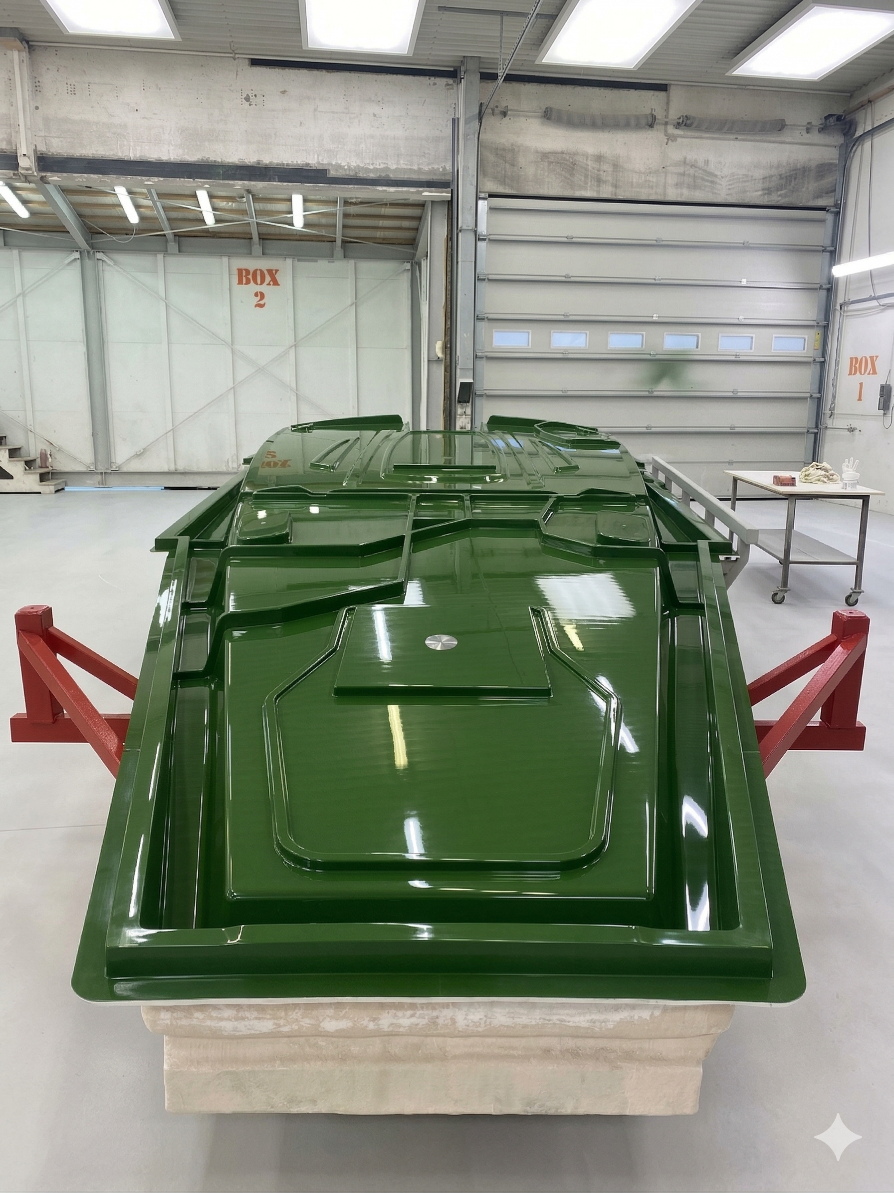 A green molded plastic car body shell resting on a pallet in a workshop with white walls and high ceiling. There is a small table with miscellaneous items on the right and two garage doors labeled 'BOX 1' and 'BOX 2' in the background.