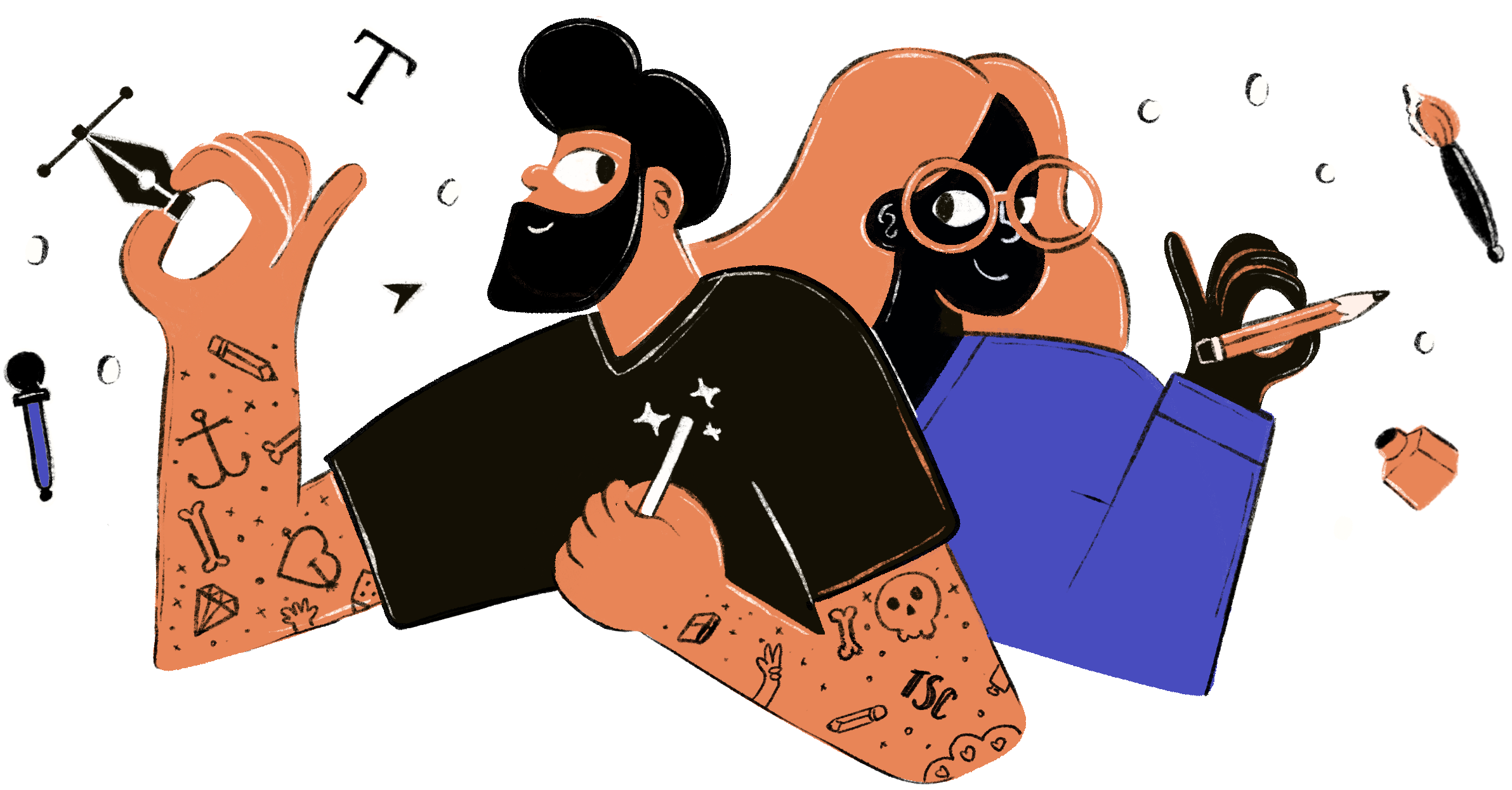 An author and illustrator sitting back-to-back at a table, drawing and writing with markers, surrounded by tattoo-style illustrations of objects like bones, skulls, anchors, and stars.