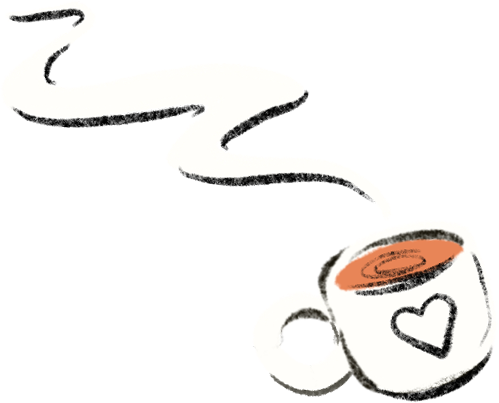A cup of coffee with a heart drawing on it, a small sugar bowl, and a steaming cup, against a light background.