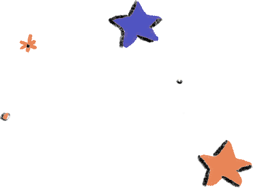 Black background with colorful star and flower shapes, including a large blue star, a small white dot, and peach-colored flower shapes.
