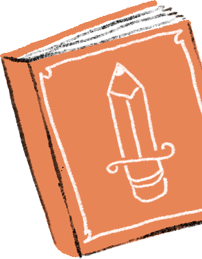 A hand-drawn sketch of a book with a pencil and a sword on the cover.