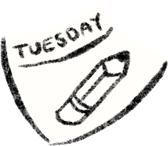 A paper with the word 'Tuesday' written on it, a line underneath, and a drawing of a crayon.