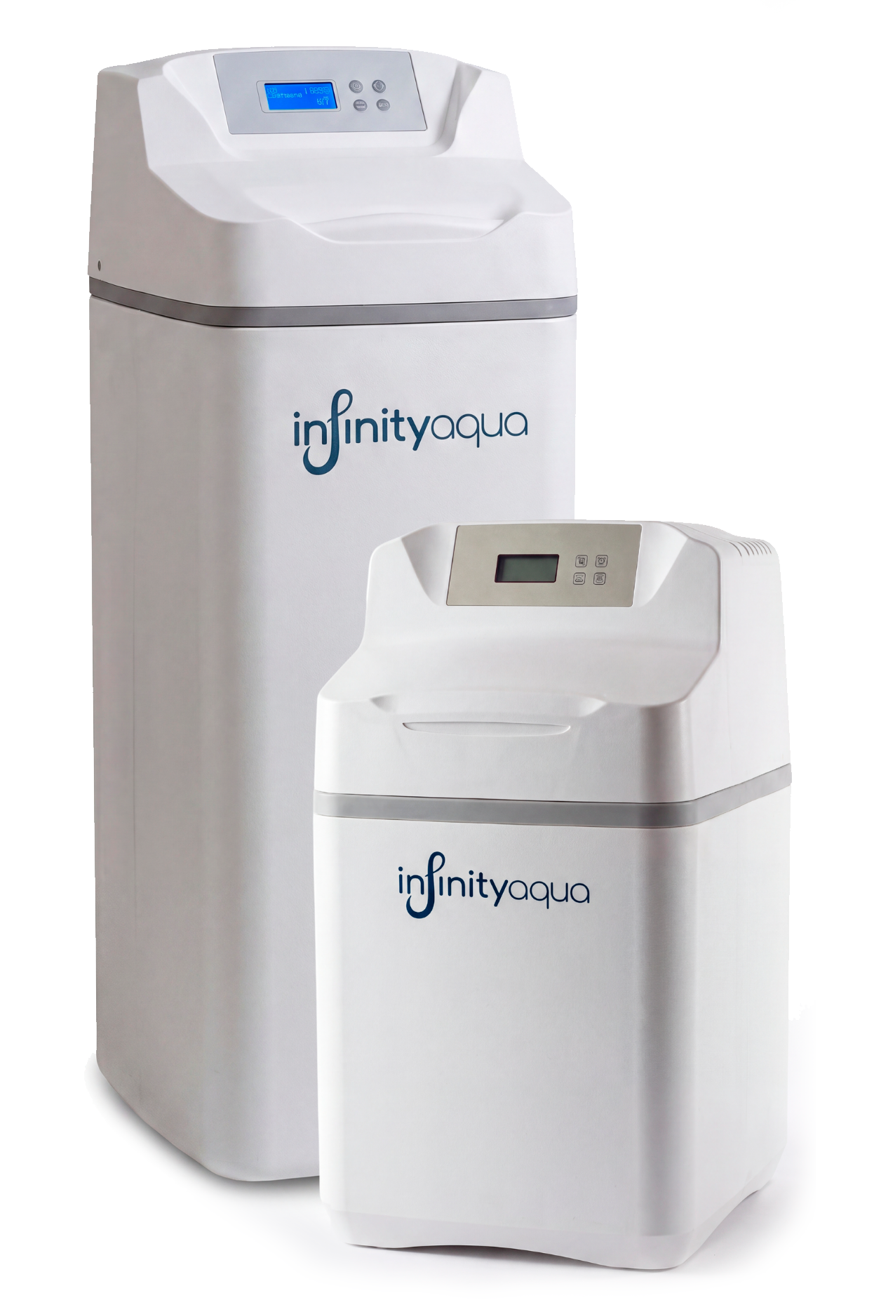 Dos máquinas de agua purificada Infinity Aqua de diferentes tamaños, blancas con pantalla digital y botones en la parte superior.