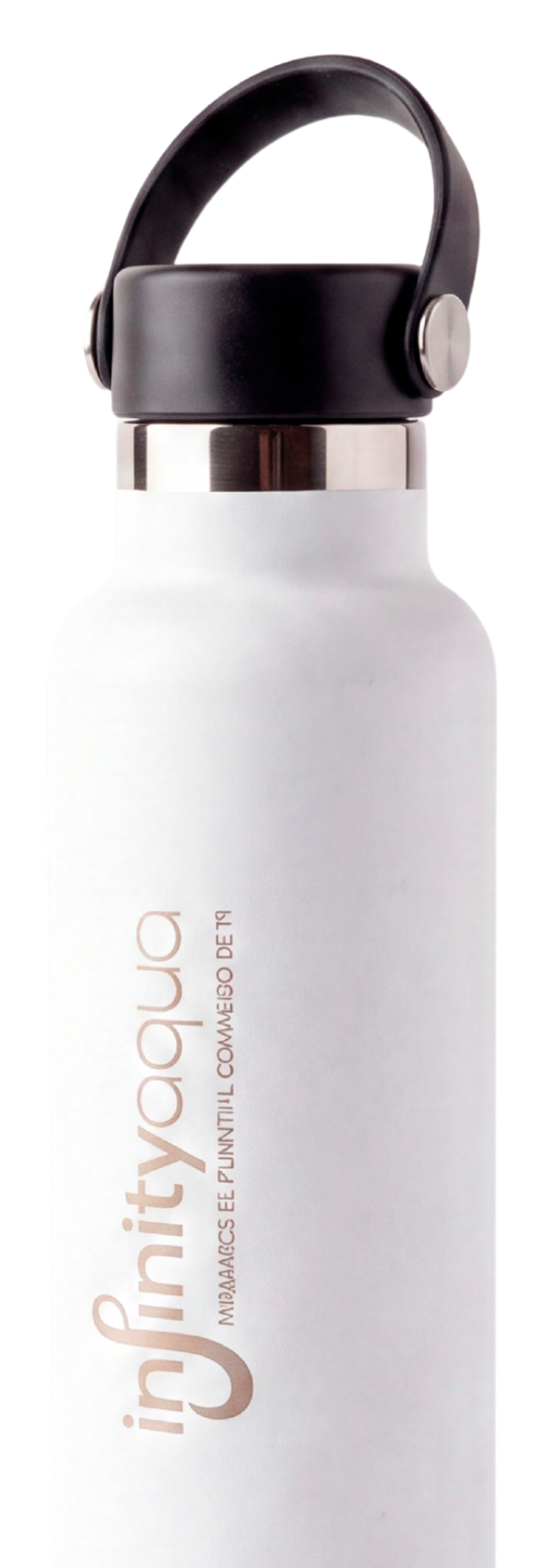 Botella de agua blanca con tapa negra y asas en forma de anillo.