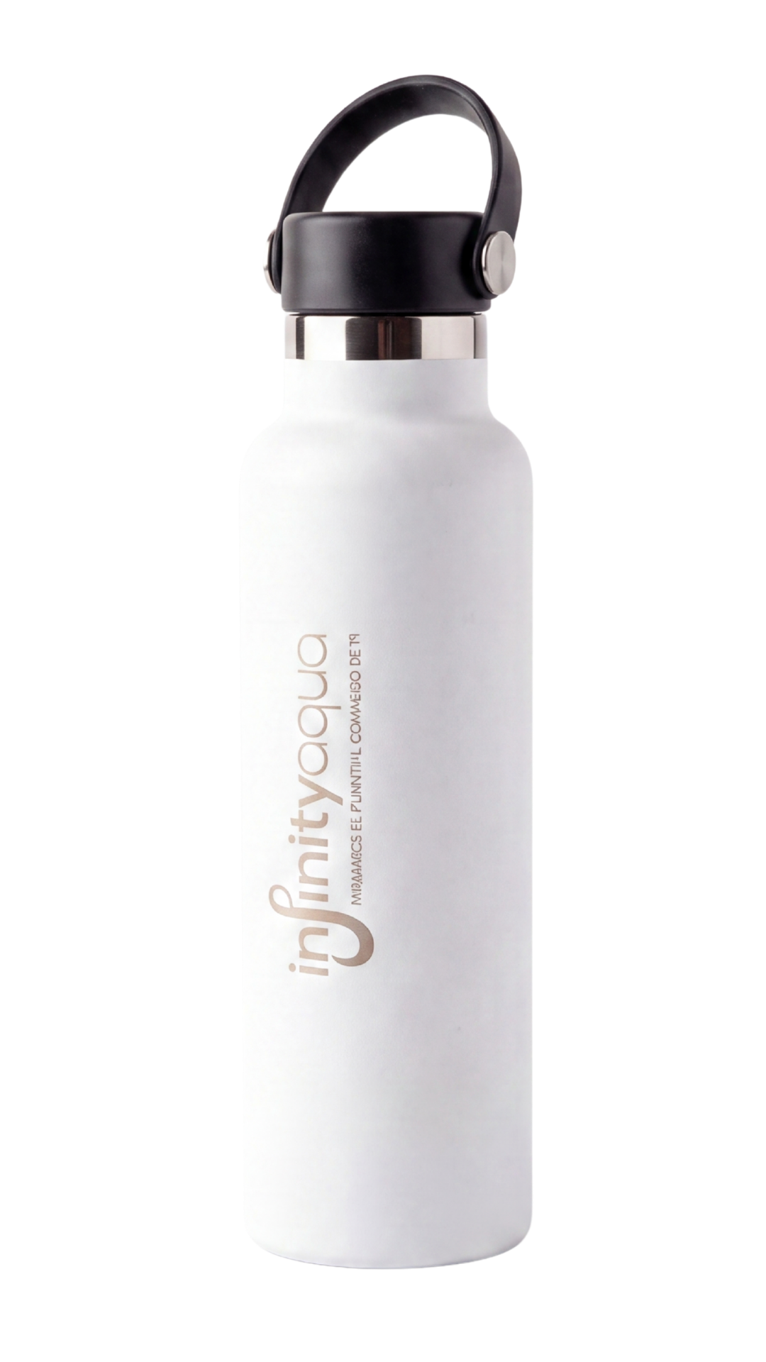 Botella blanca con tapa negra, con texto en italiano que dice 'infinitya' y una frase. Diseño minimalista y elegante.