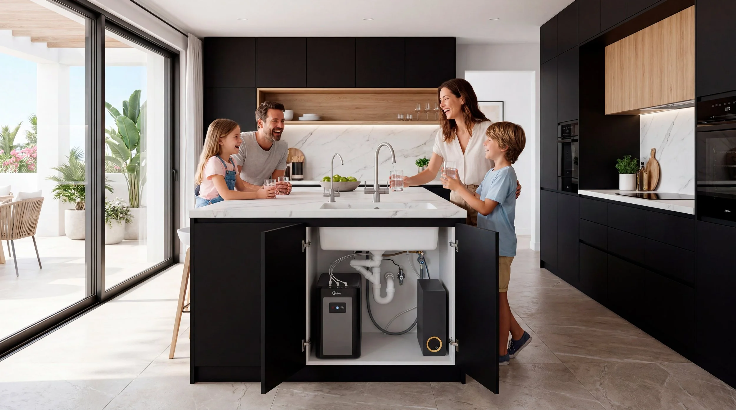 Familia en la cocina riendo y bebiendo agua, con un hogar moderno de fondo.
