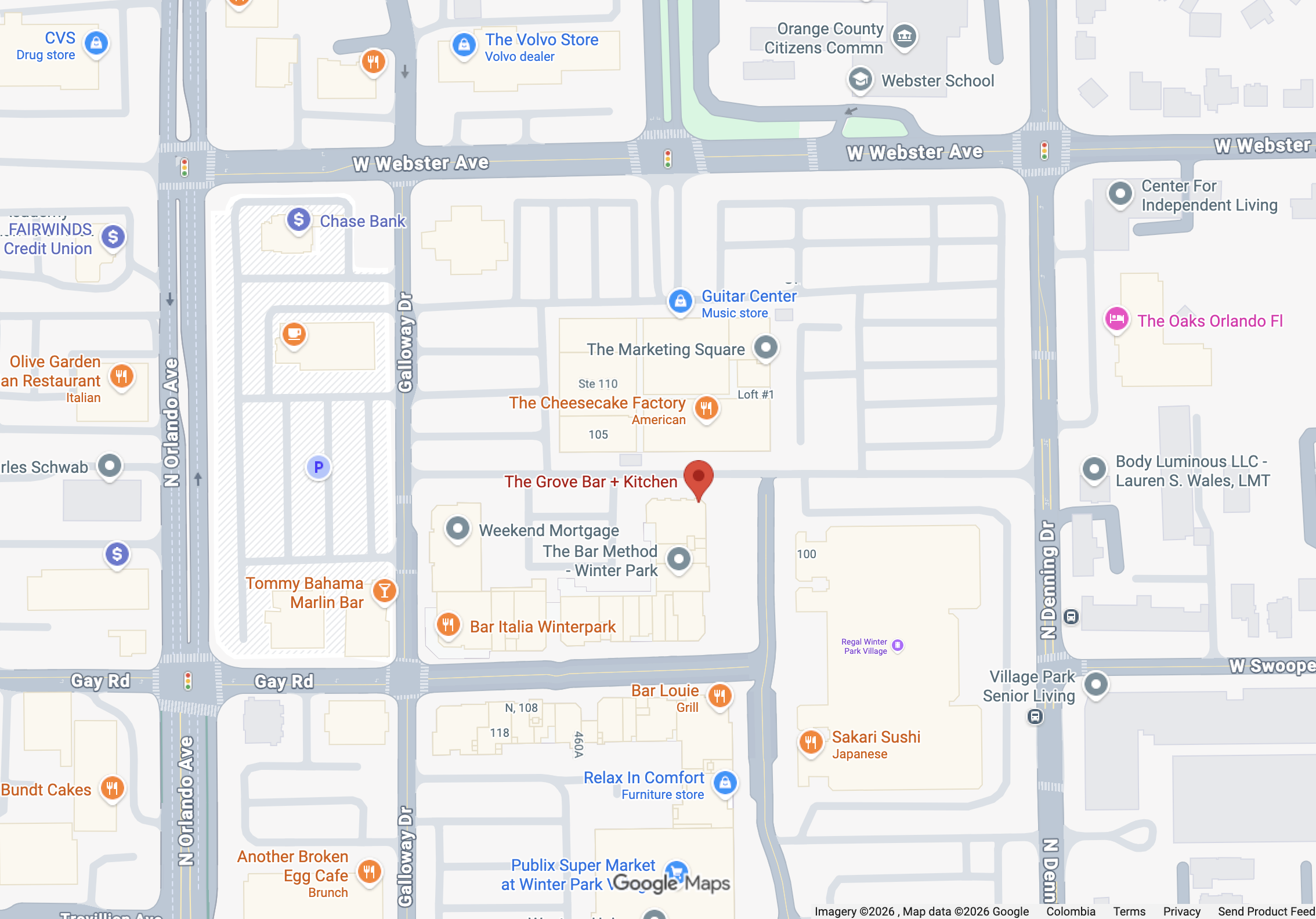 Map of Winter Park in Florida showing locations of various businesses, restaurants, banks, and landmarks along W Webster Ave and neighboring streets, including CVS, The Volvo Store, Chase Bank, The Cheesecake Factory, and The Grove Bar + Kitchen.