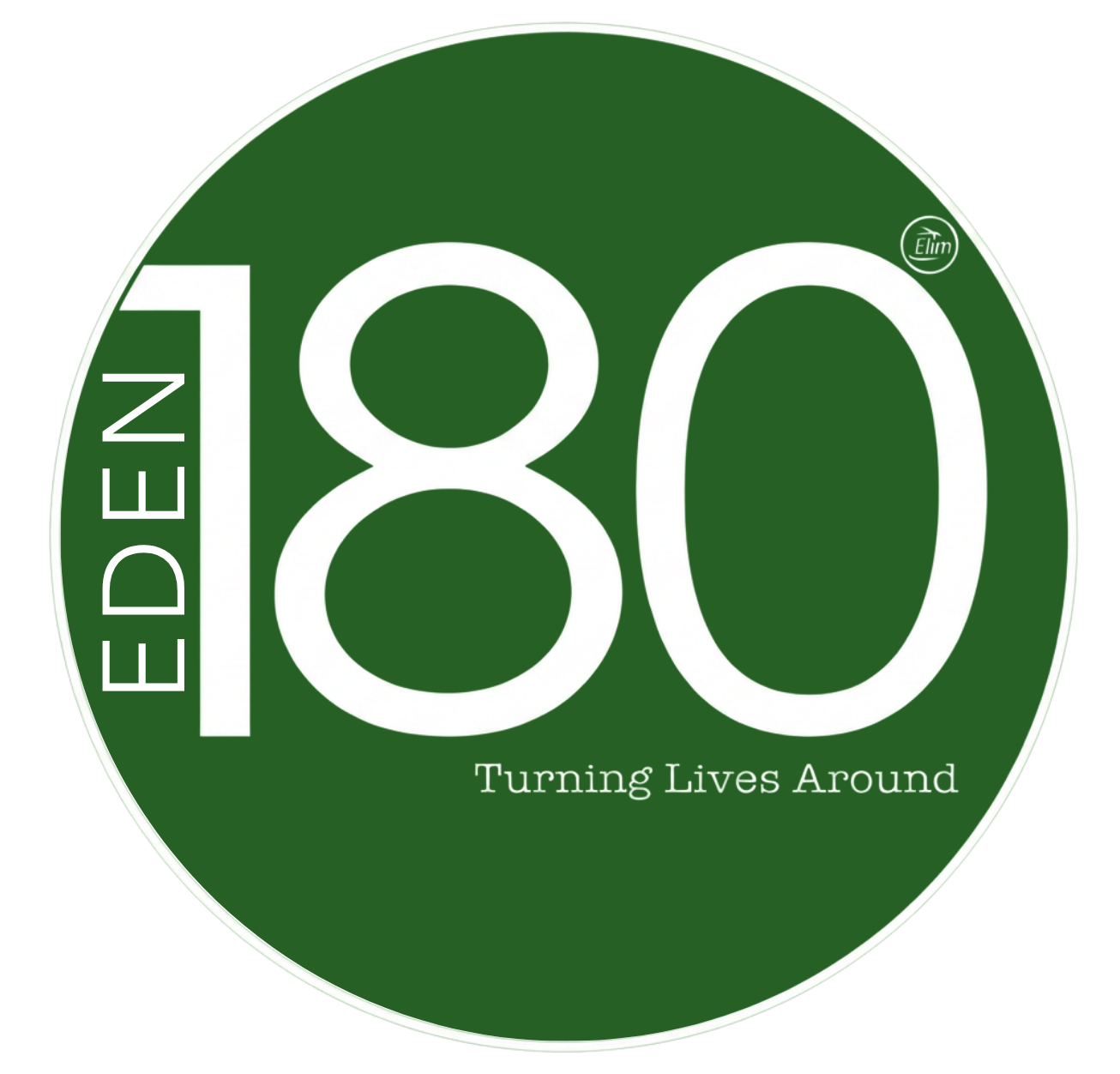 Green circular logo with large white text reading '180' and smaller white text 'Turning Lives Around' underneath. The word 'EDEN' appears vertically on the left side of the number '1'. Small circular logo 'Eliim' near the top right.
