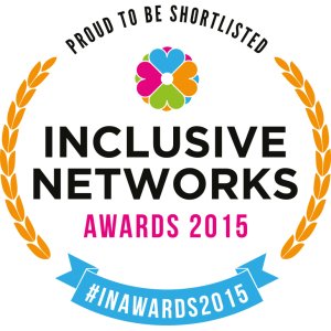 NADSN | National Association of Disabled Staff Networks | An Award Badge for the Inclusive Networks Awards 2015, Featuring a Colourful Heart Logo and the Text “PROUD TO BE SHORTLISTED.”