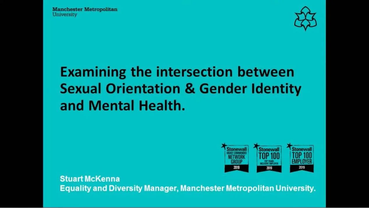 NADSN | National Association of Disabled Staff Networks | A Presentation Slide from Manchester Metropolitan University Titled "Examining the intersection between Sexual Orientation & Gender Identity and Mental Health"