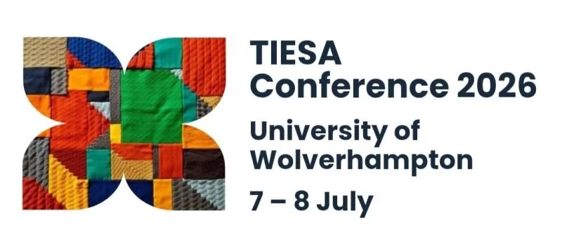 TIESA Conference 2026 | University of Wolverhampton | 7 - 8 July 2026. Green, Blue, Orange and Black Tapestry image cropped inside the shape of a butterfly