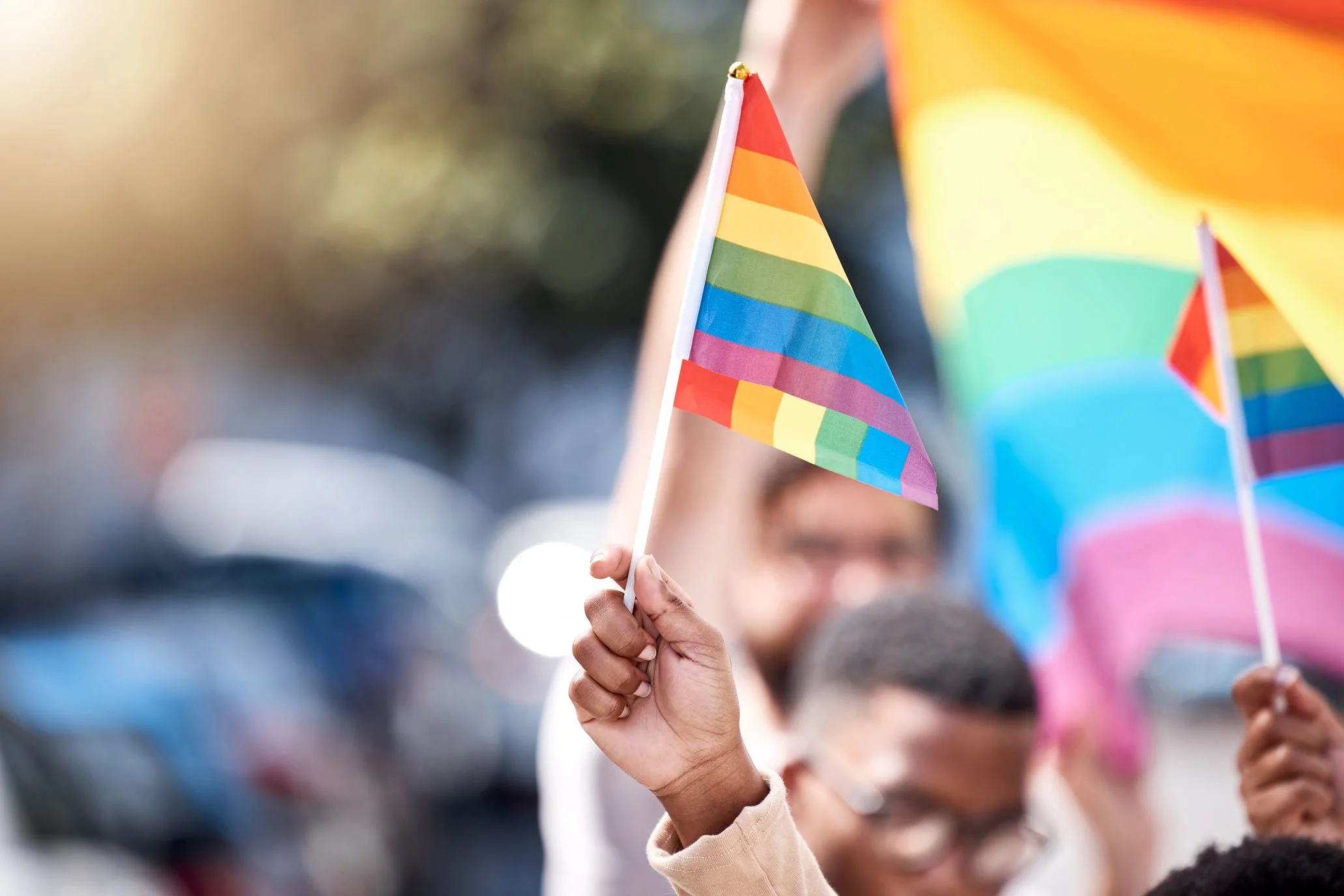NADSN | National Association of Disabled Staff Networks | An Individual Holding a Small Handheld Pride Flag in Front of a Larger, Blurred Rainbow Flag During an Outdoor Event