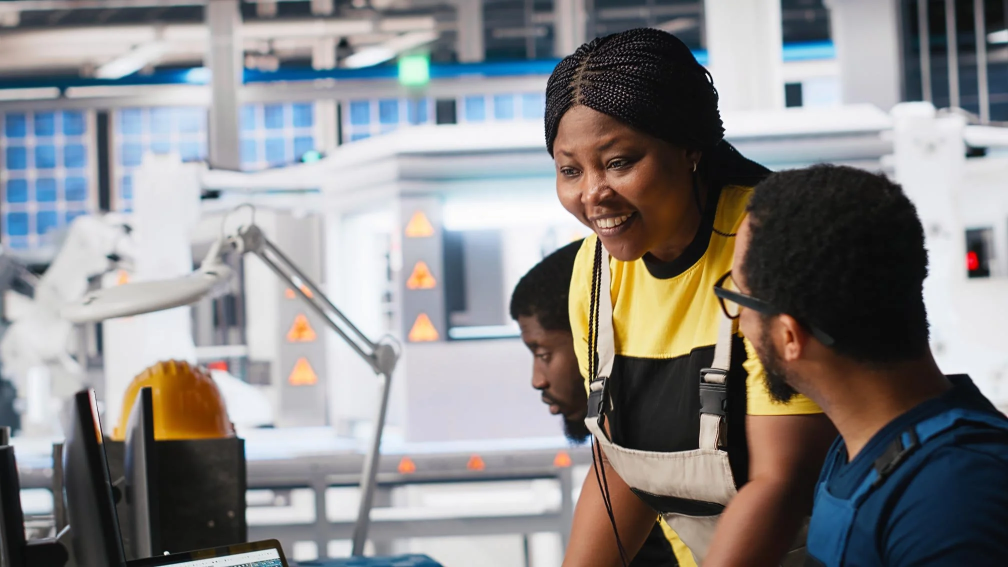 NADSN | National Association of Disabled Staff Networks | A Female Worker in a Yellow and Black Shirt and Overalls Smiling While Looking at a Computer Screen Next to a Colleague.