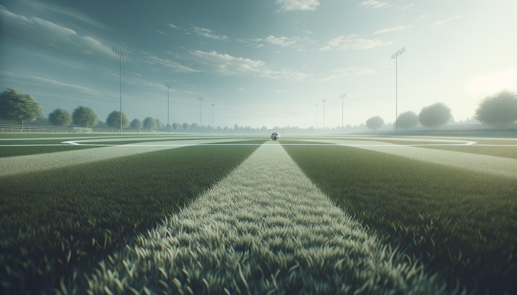 Soccer ball placed on center of a green field with white markings, trees along the perimeter, and tall stadium lights under a partly cloudy sky.