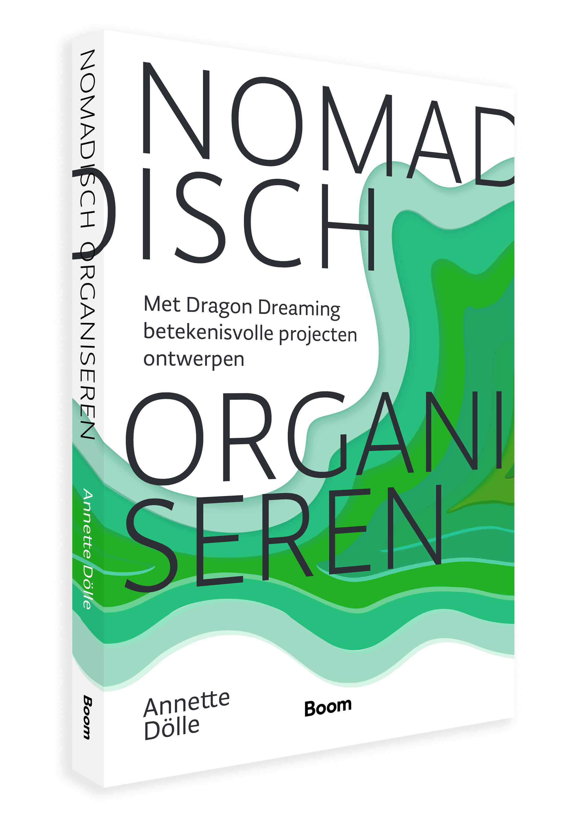 Book cover titled 'Nomadisch' by Annette Dölle, featuring an abstract green landscape illustration and additional text in Dutch.