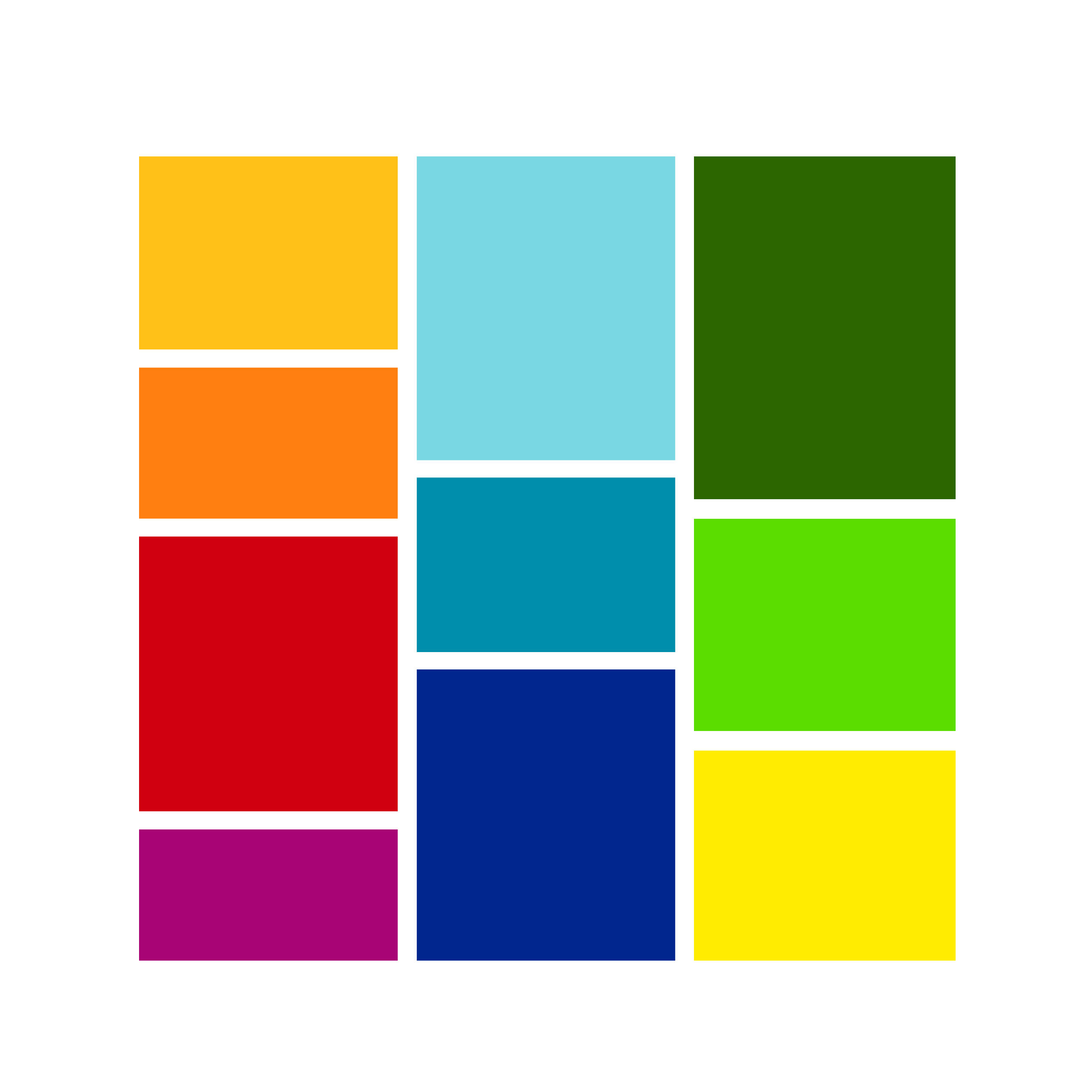 A colorful arrangement of 16 squares in a 4x4 grid, each square a different bright color, including red, purple, blue, green, yellow, orange, and pink.