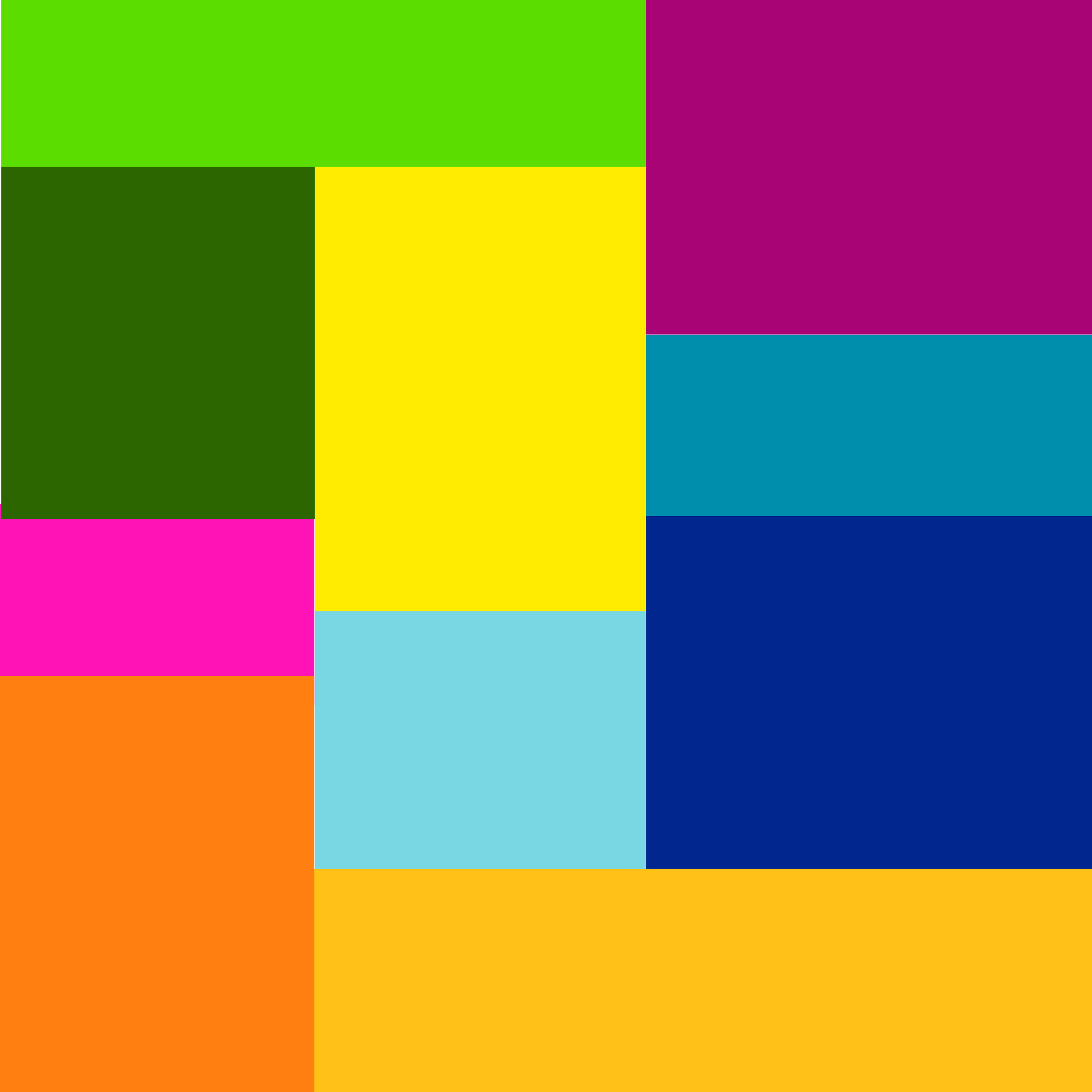 Colorful grid with squares in green, purple, dark green, yellow, pink, teal, orange, and navy blue.