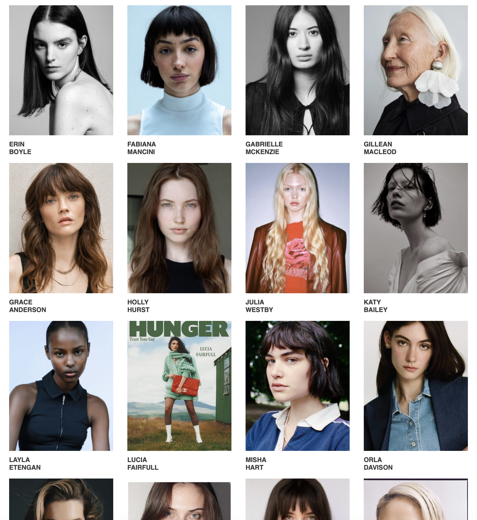 A collage of nine portrait photographs of women, each with different hair styles and expressions, with names and last names listed beneath each image.