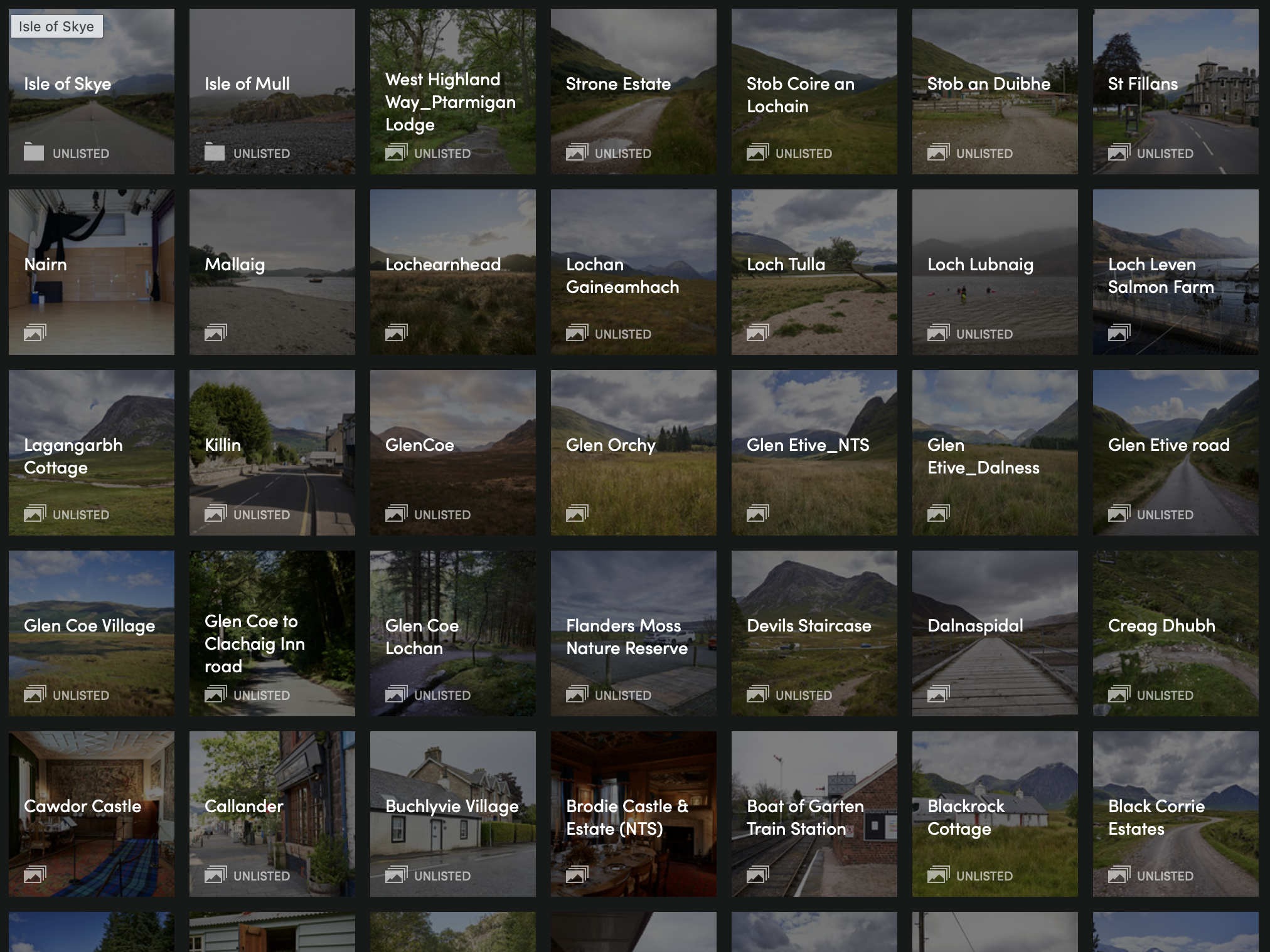 A collection of landscape and street scenes from the Isle of Skye and surrounding areas in Scotland, showing mountains, roads, rural and village settings, and natural scenery.
