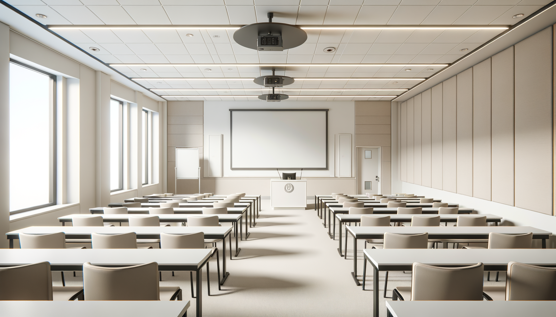 Empty conference room with rows of white tables and chairs facing a large projection screen and a lectern at the front.