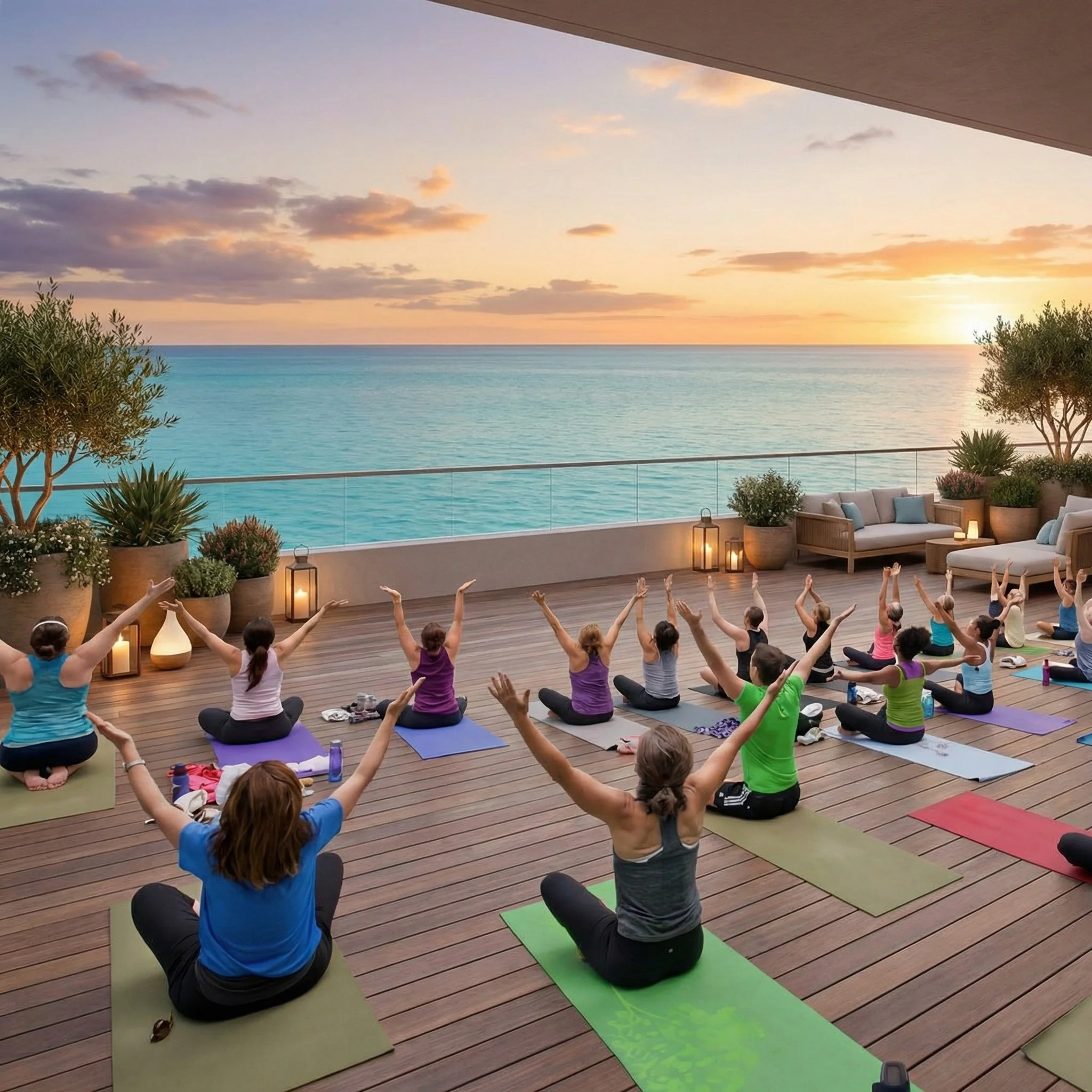 group of women doing yoga next to the ocean