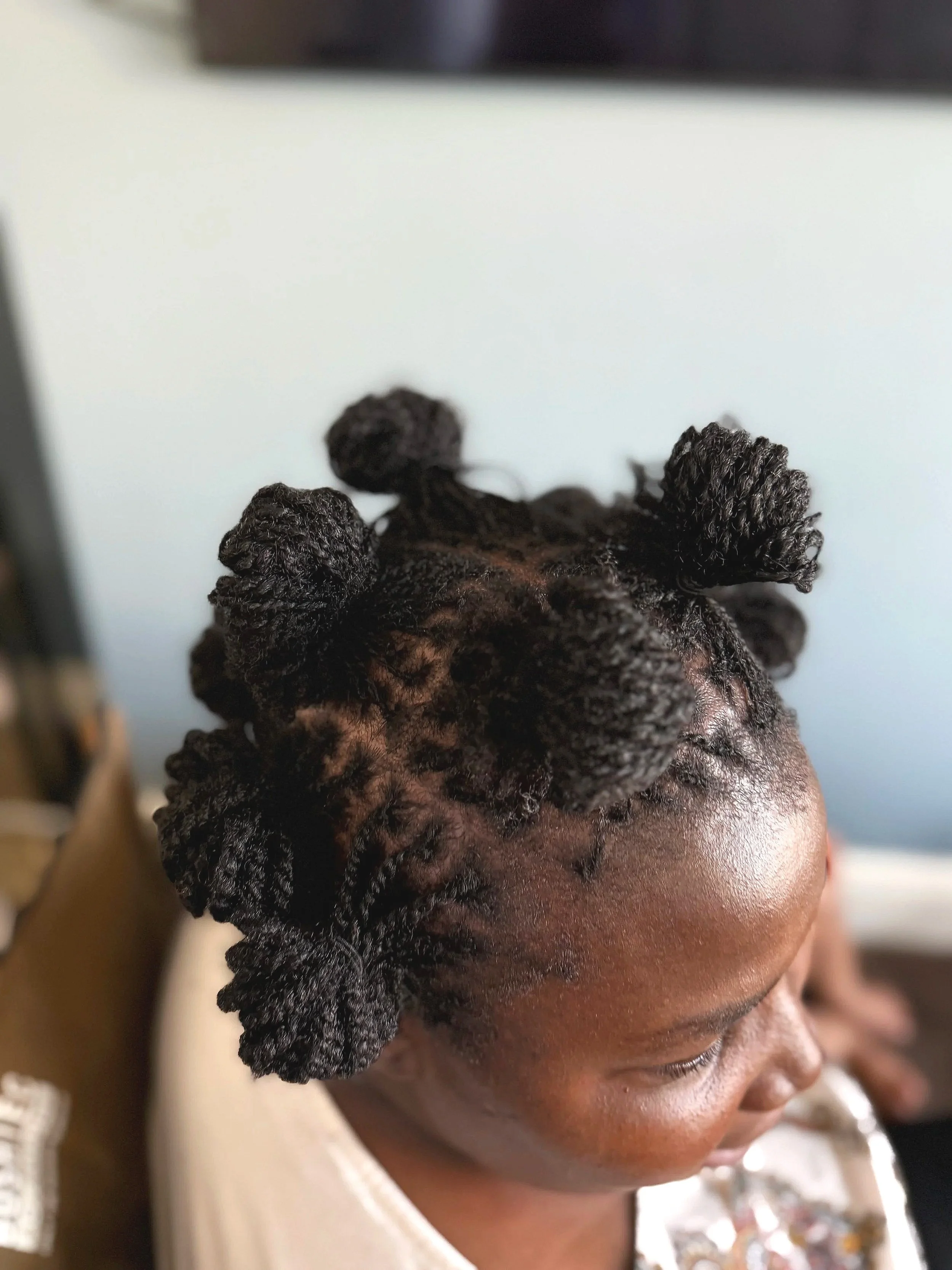 Close-up of a person's head showcasing their styled hair with small, neatly twisted bantu knots.