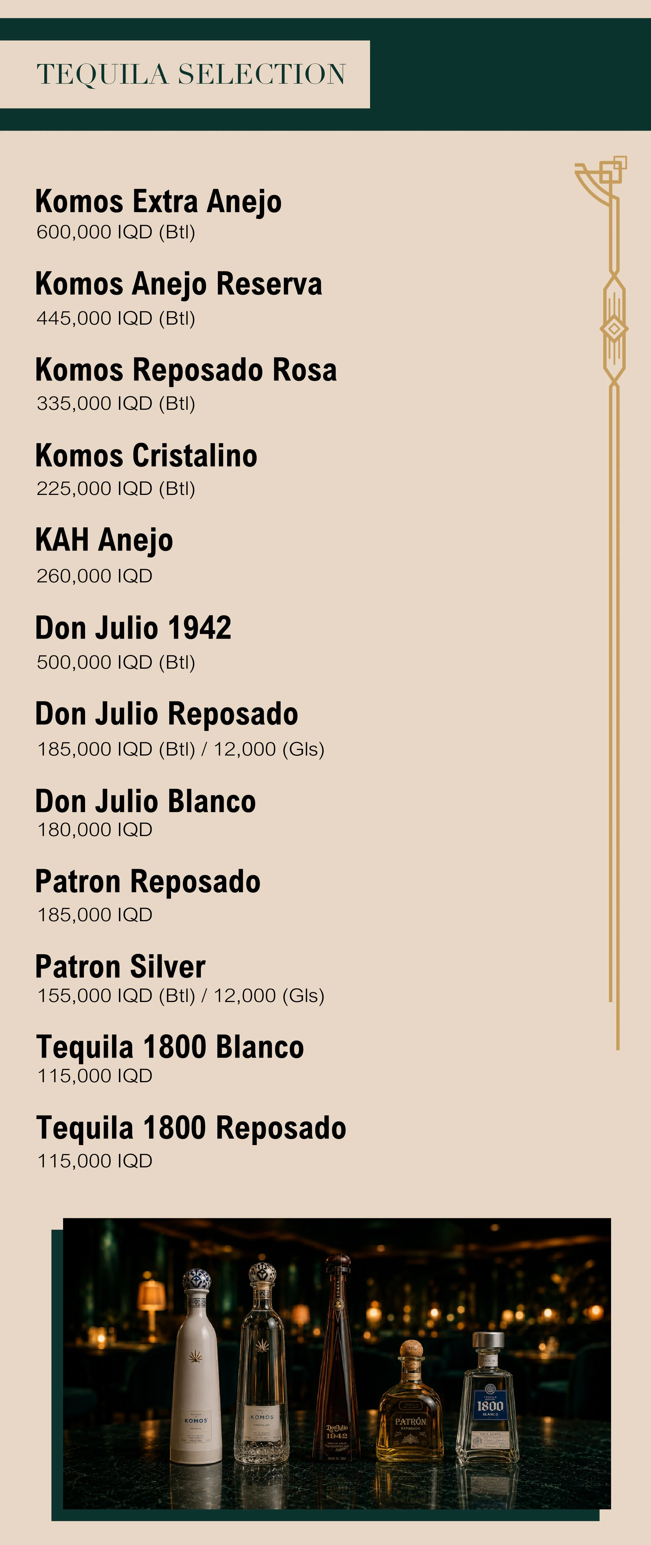 Price list for tequila and vodka bottles, featuring brands like Komos, Don Julio, Patron, and Tequila 1800, with prices in Iraqi dinar, accompanied by an image of various tequila bottles on a bar counter.