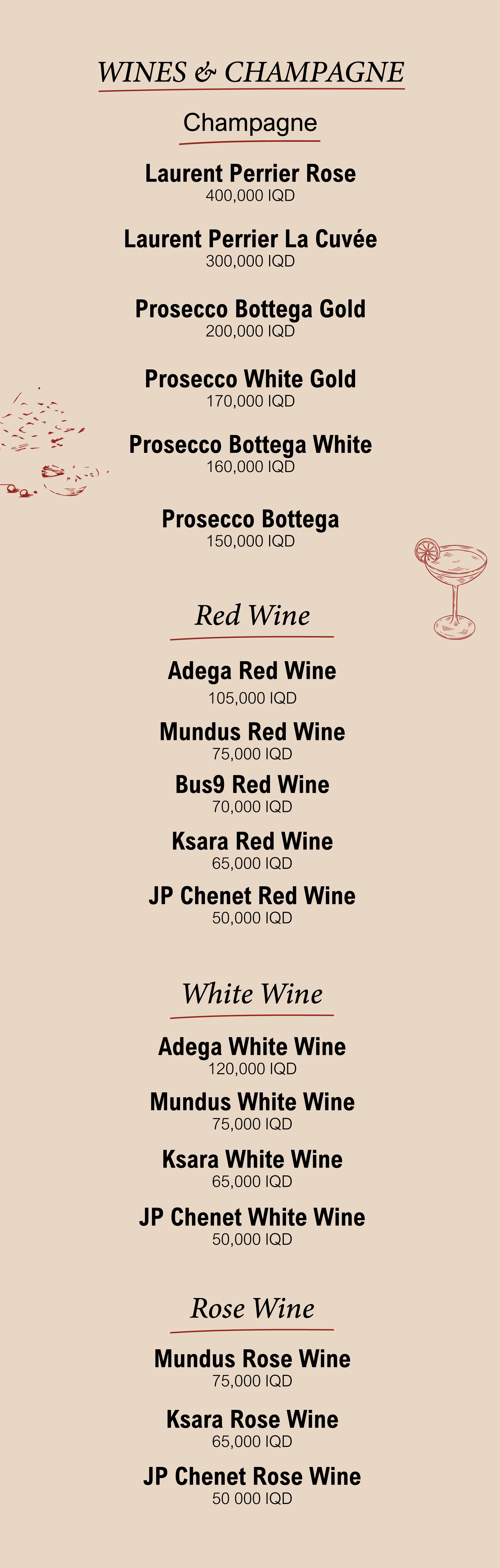 Wine and champagne price list with categories for Champagne, Red Wine, White Wine, and Rosé Wine, including specific names and prices in IQD.