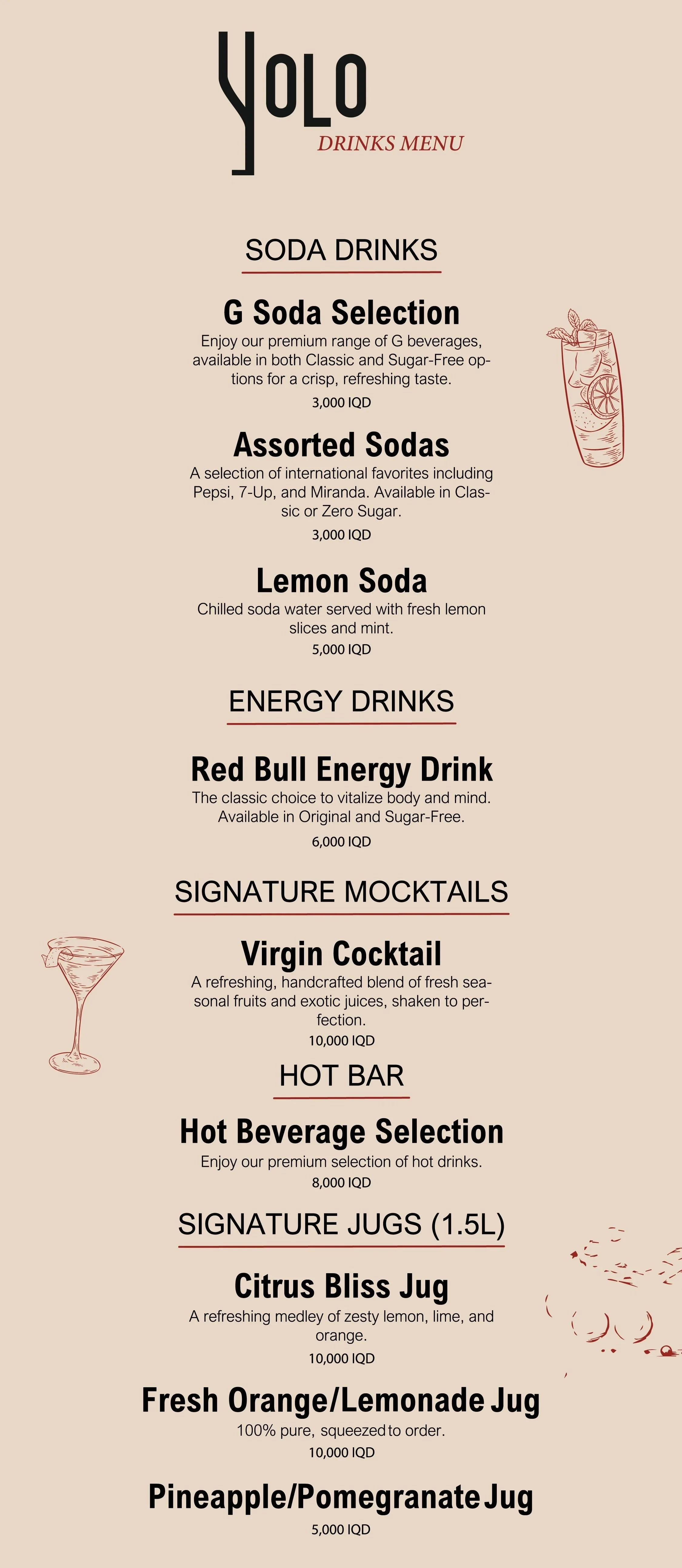 Yolo Drinks Menu offering soda, energy drinks, signature mocktails, hot drinks, and signature jugs, with descriptions and prices listed.