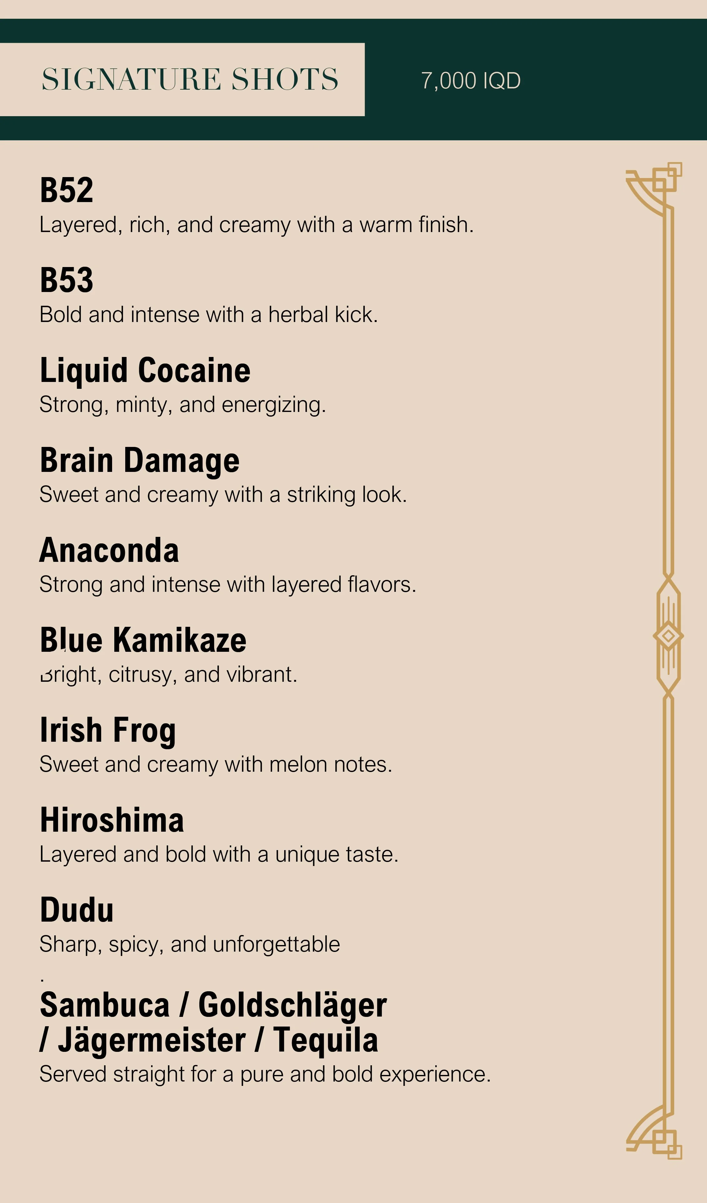 A menu titled 'Signature Shots' offering various labeled shots with descriptions, including B52, B53, Liquid Cocaine, Brain Damage, Anaconda, Blue Kamikaze, Irish Frog, Hiroshima, Dudu, and Sambuca/Goldschläger/Jägermeister/Tequila, with flavor descriptions like rich, herbal, energetic, layered, sweet, bold, spicy, and vibrant.