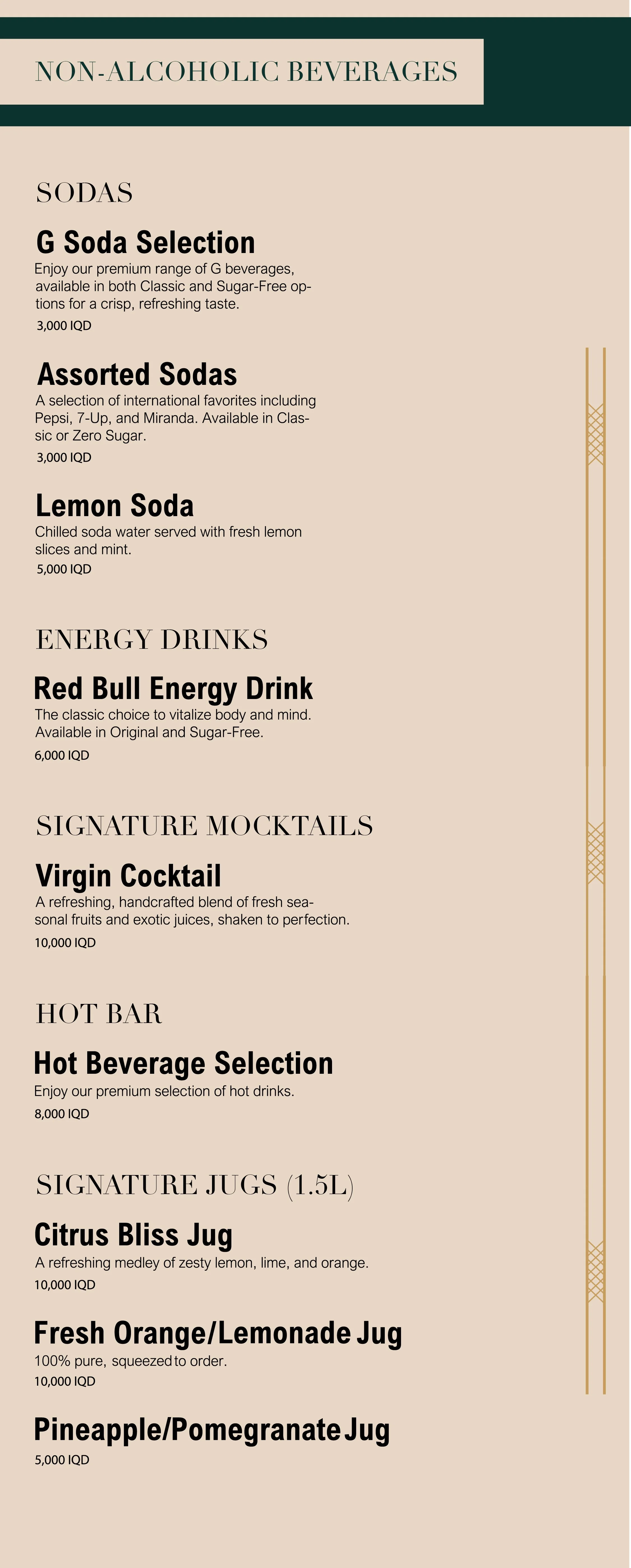 Menu of non-alcoholic beverages including sodas, energy drinks, signature mocktails, hot drinks, and signature jugs with descriptions and prices in Iraqi dinars.