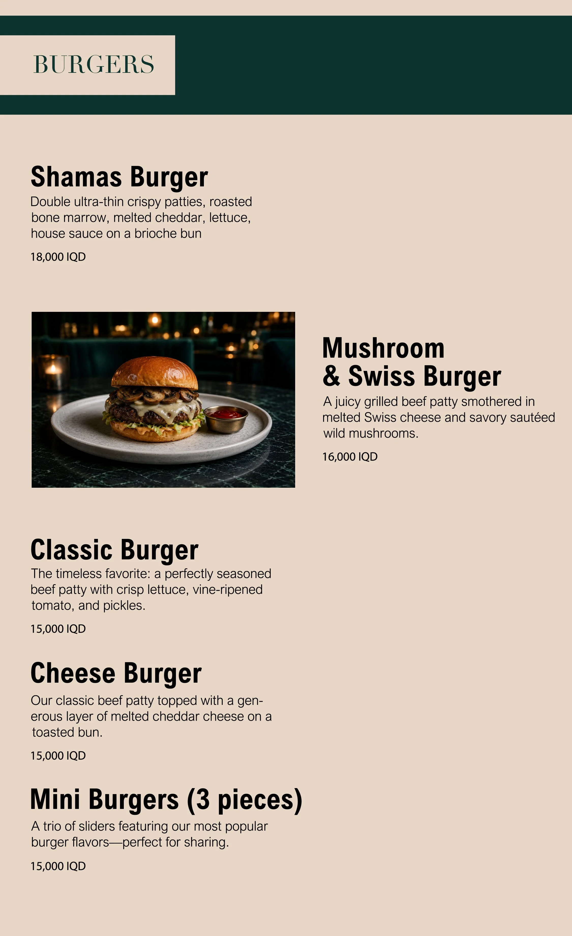 Menu page listing various burgers including Shamas Burger, Mushroom & Swiss Burger, Classic Burger, Cheese Burger, and Mini Burgers, with a photo of a mushroom and Swiss burger on a plate.