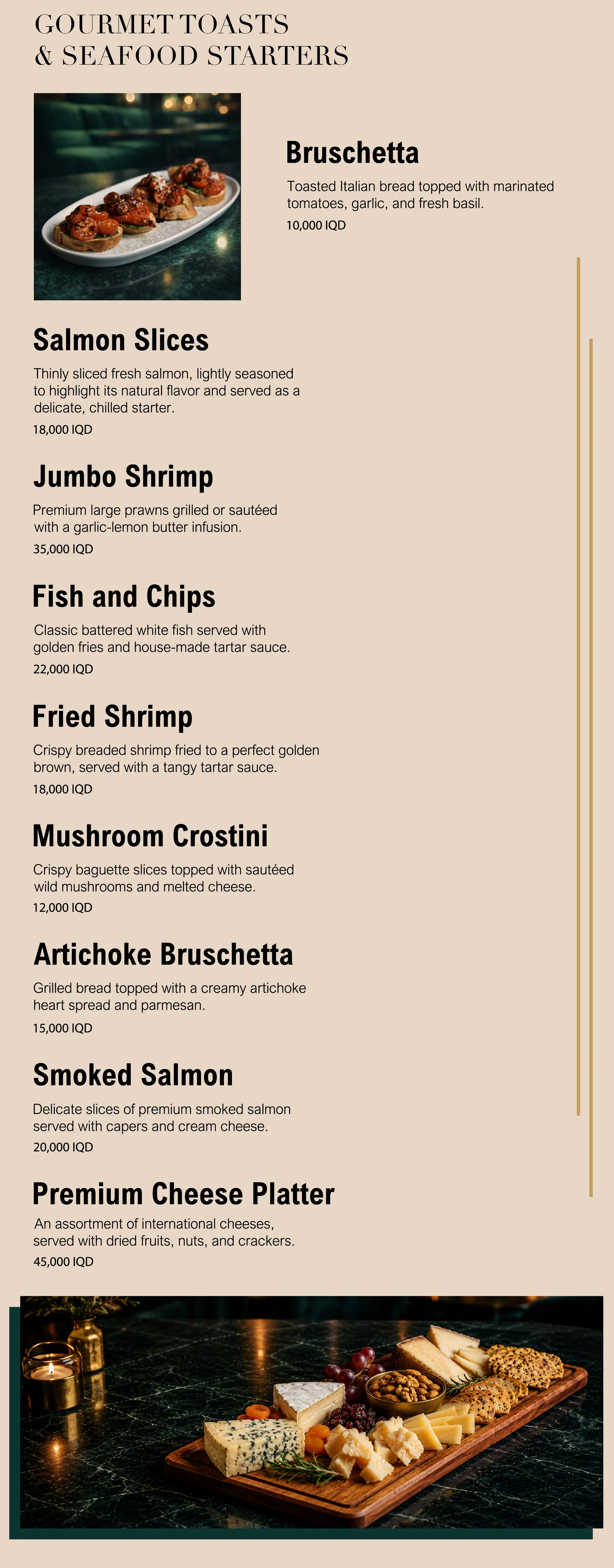 Menu for gourmet toasts and seafood starters with a cheese platter at the bottom. The menu lists items such as Bruschetta, Salmon Slices, Jumbo Shrimp, Fish and Chips, Fried Shrimp, Mushroom Crostini, Artichoke Bruschetta, Smoked Salmon, and a Premium Cheese Platter, with their descriptions and prices.