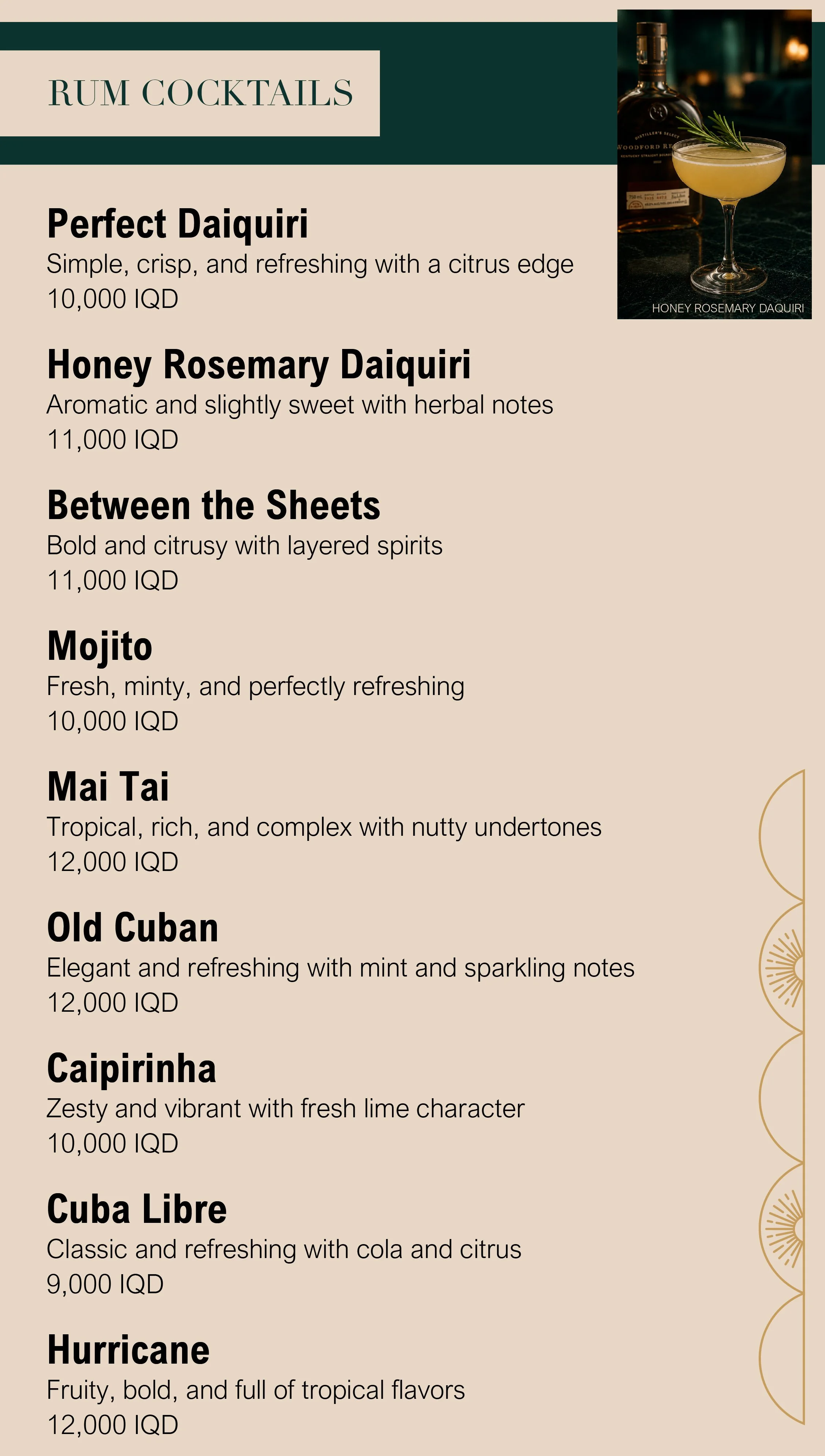 A menu featuring various rum cocktails with descriptions and prices in Iraqi dinars, including Perfect Daiquiri, Honey Rosemary Daiquiri, Between the Sheets, Mojito, Mai Tai, Old Cuban, Caipirinha, Cuba Libre, and Hurricane.