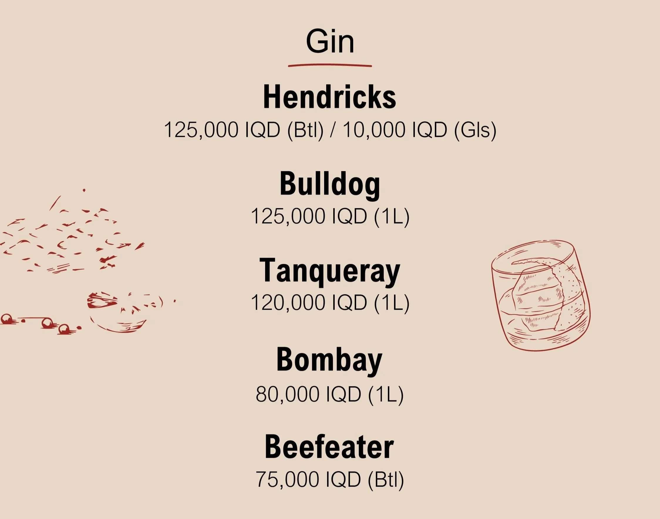 Part of a menu with different types of drinks listed and their prices in Iraqi dinar, including gin, bourbon, Tanqueray, and Beefeater, with illustrations of a glass of drink and some food items.