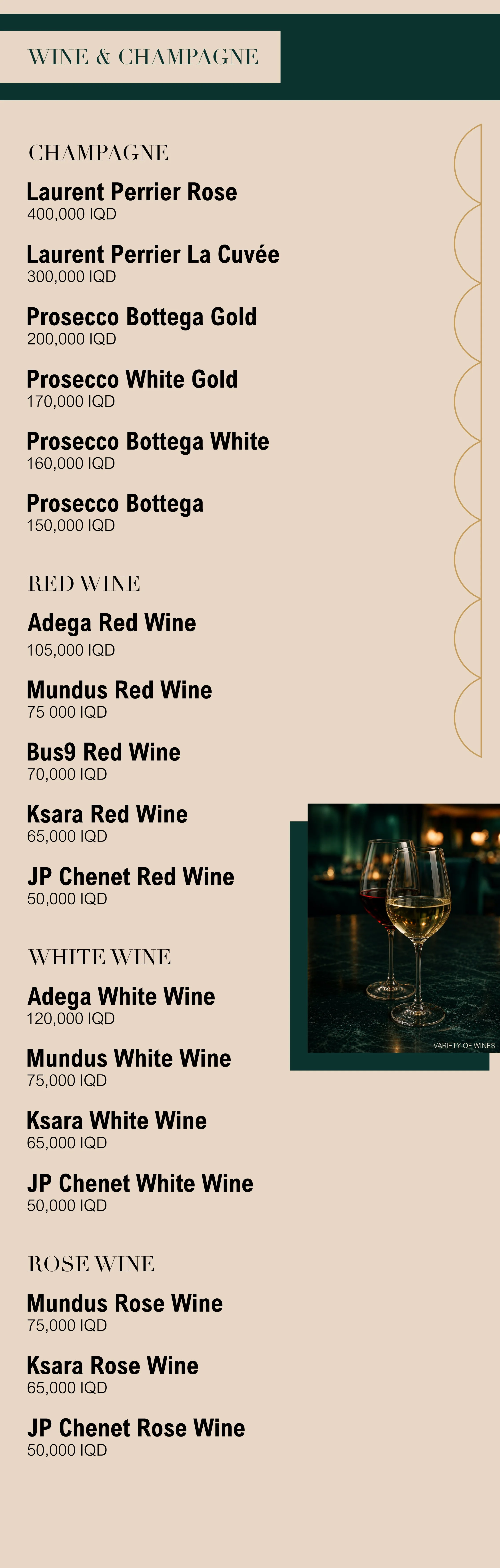 Wine and champagne menu featuring various selections of champagne, red wine, white wine, and rosé wine with prices, alongside a photo of two glasses of white and red wine on a dark table.