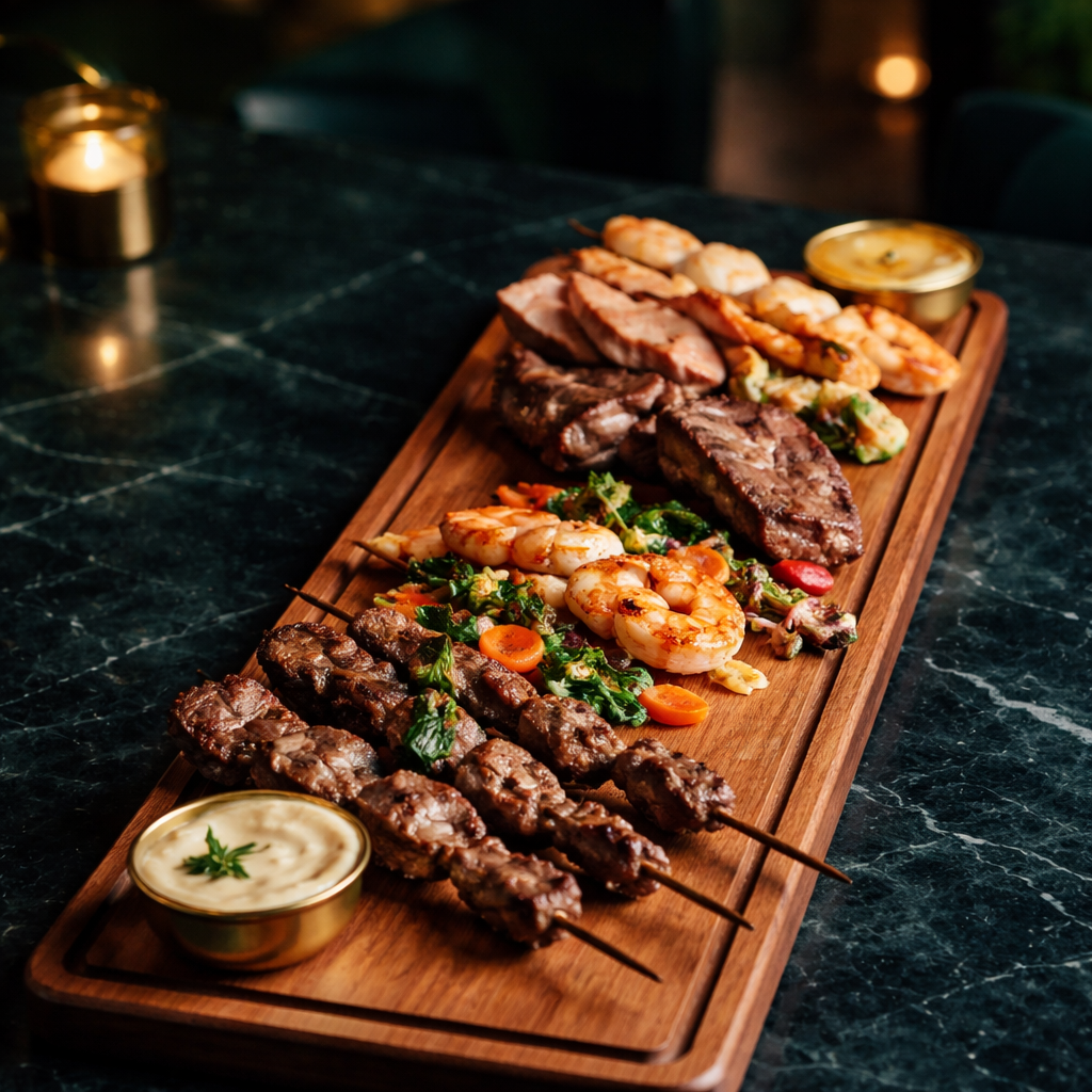 Wooden serving board with assorted grilled meats, shrimp, vegetables, and two bowls of dipping sauces, on a dark marble table with candlelight